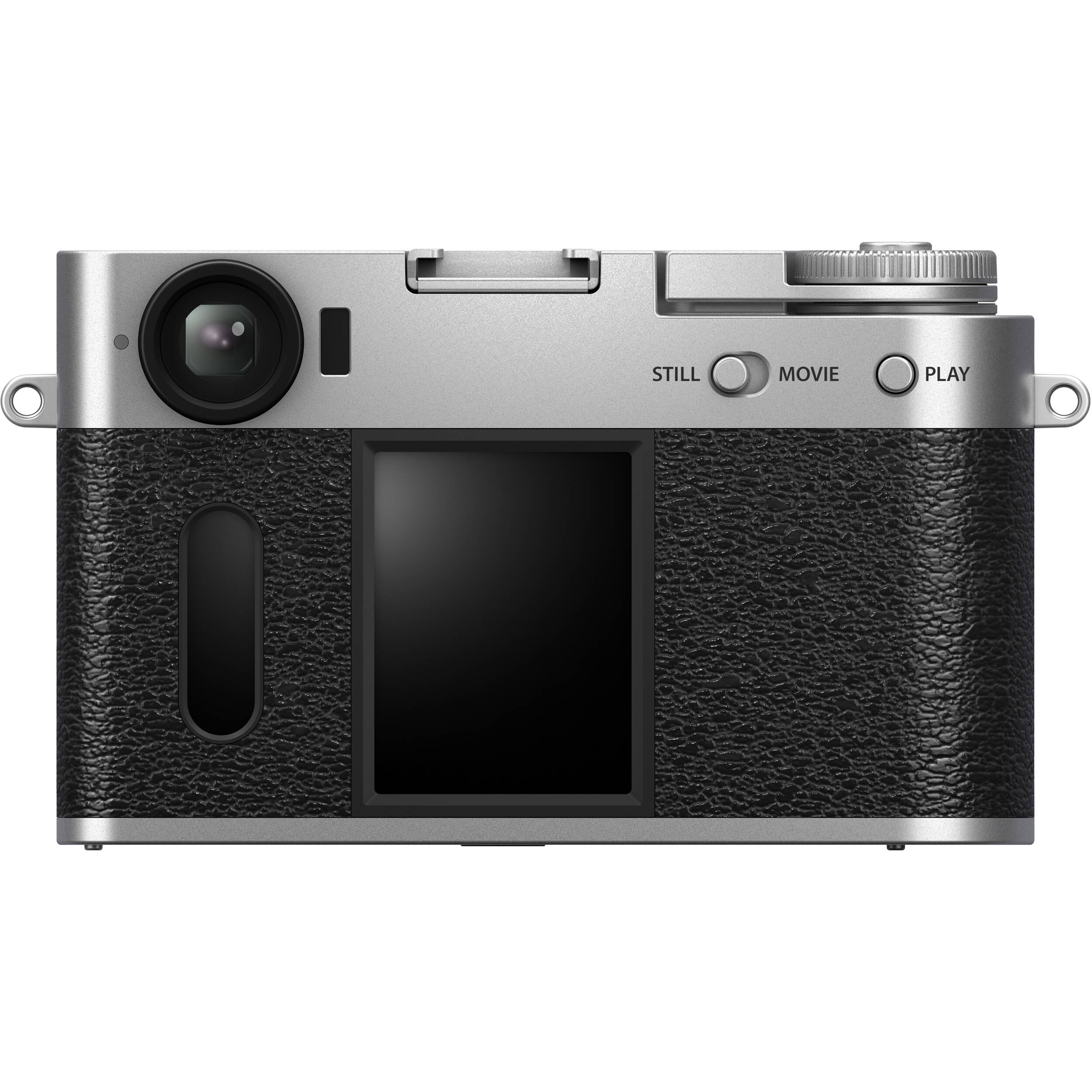 Fujifilm X half silver compact digital camera featuring 1-inch vertical sensor, 32mm-equivalent lens, optical viewfinder, and 2.4-inch touchscreen optimized for vertical photography