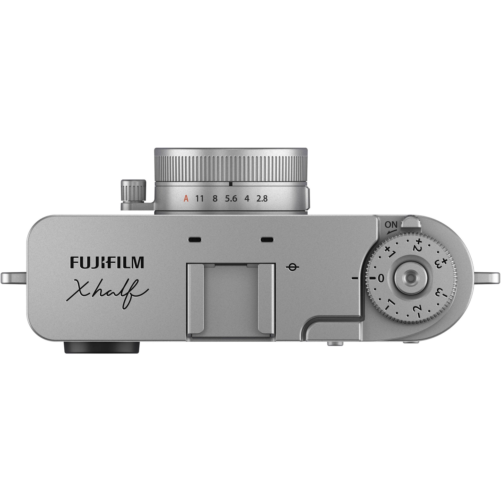 Fujifilm X half silver compact digital camera featuring 1-inch vertical sensor, 32mm-equivalent lens, optical viewfinder, and 2.4-inch touchscreen optimized for vertical photography