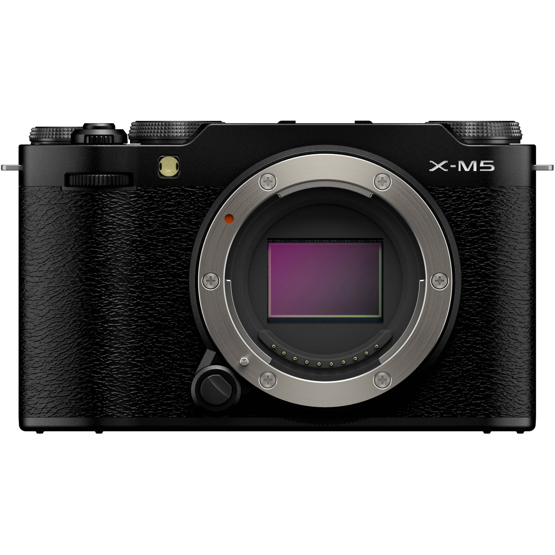Fujifilm X-M5 black mirrorless camera with 26.1MP APS-C X-Trans CMOS 4 sensor, X-Processor 5 engine, 3-inch fully articulated touchscreen, 6.2K video recording, and 8fps continuous shooting