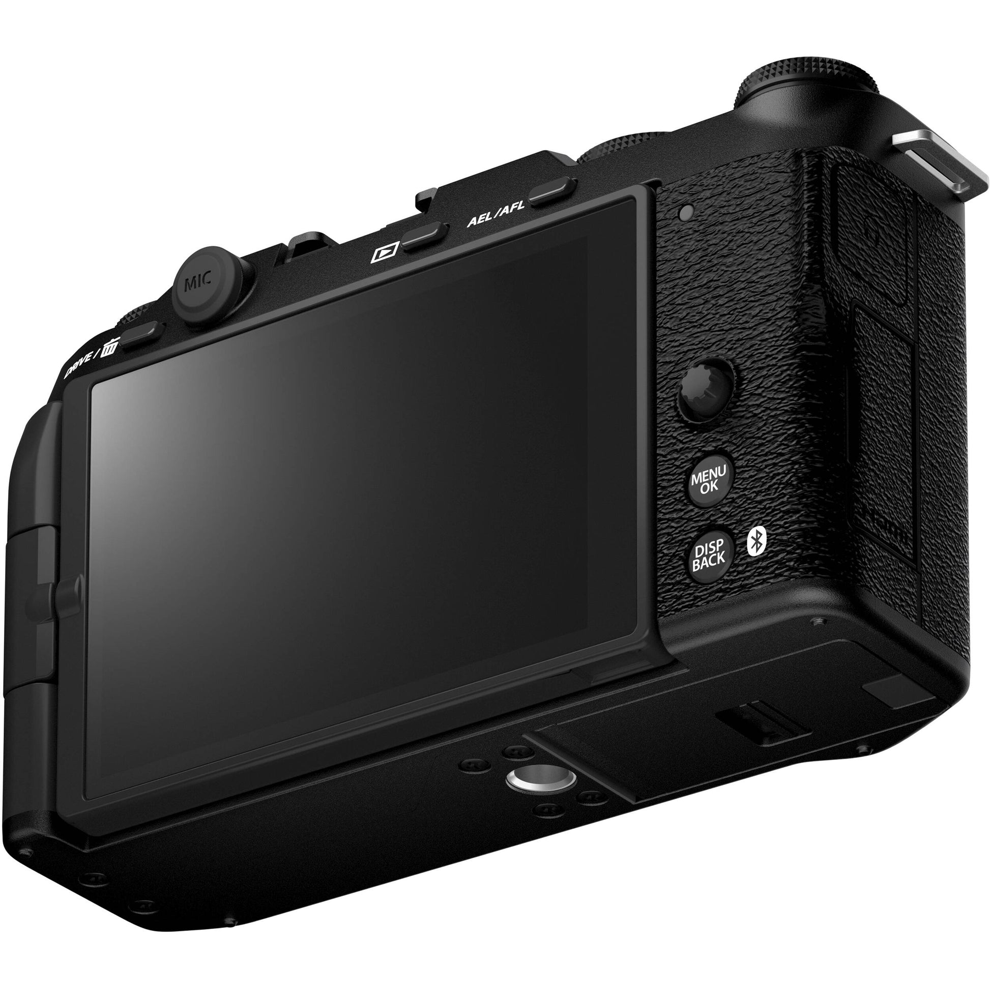 Fujifilm X-M5 black mirrorless camera with 26.1MP APS-C X-Trans CMOS 4 sensor, X-Processor 5 engine, 3-inch fully articulated touchscreen, 6.2K video recording, and 8fps continuous shooting
