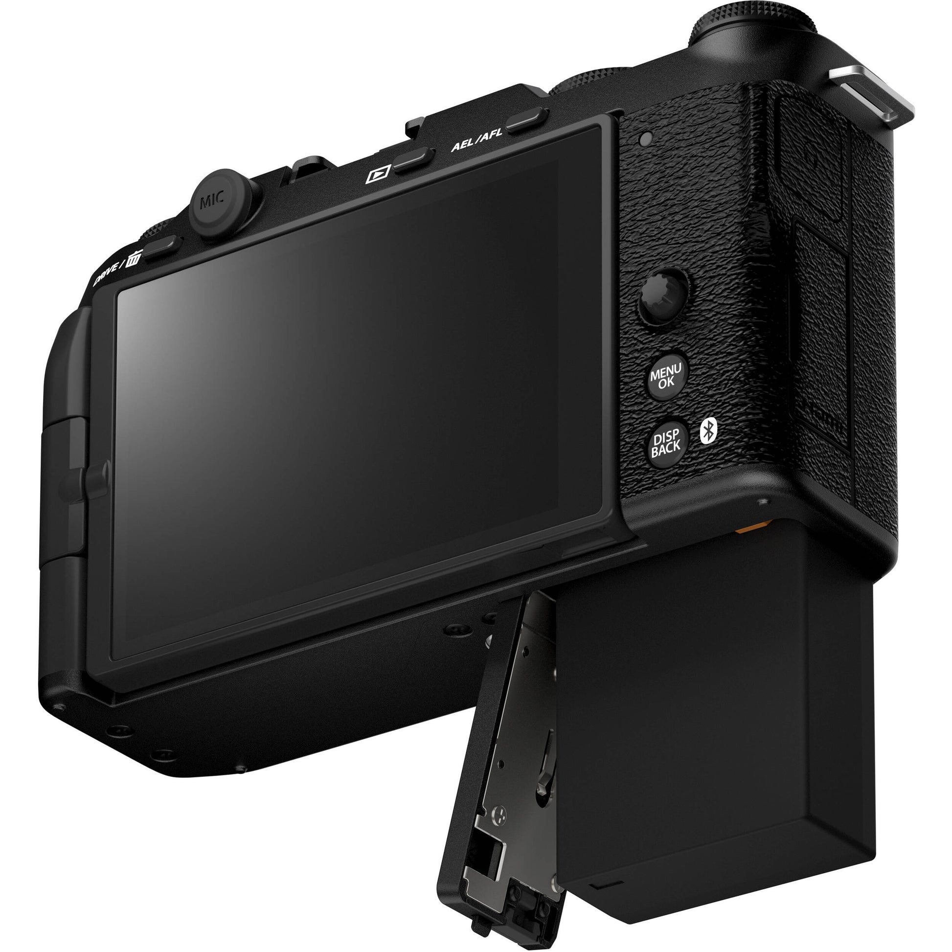 Fujifilm X-M5 black mirrorless camera with 26.1MP APS-C X-Trans CMOS 4 sensor, X-Processor 5 engine, 3-inch fully articulated touchscreen, 6.2K video recording, and 8fps continuous shooting