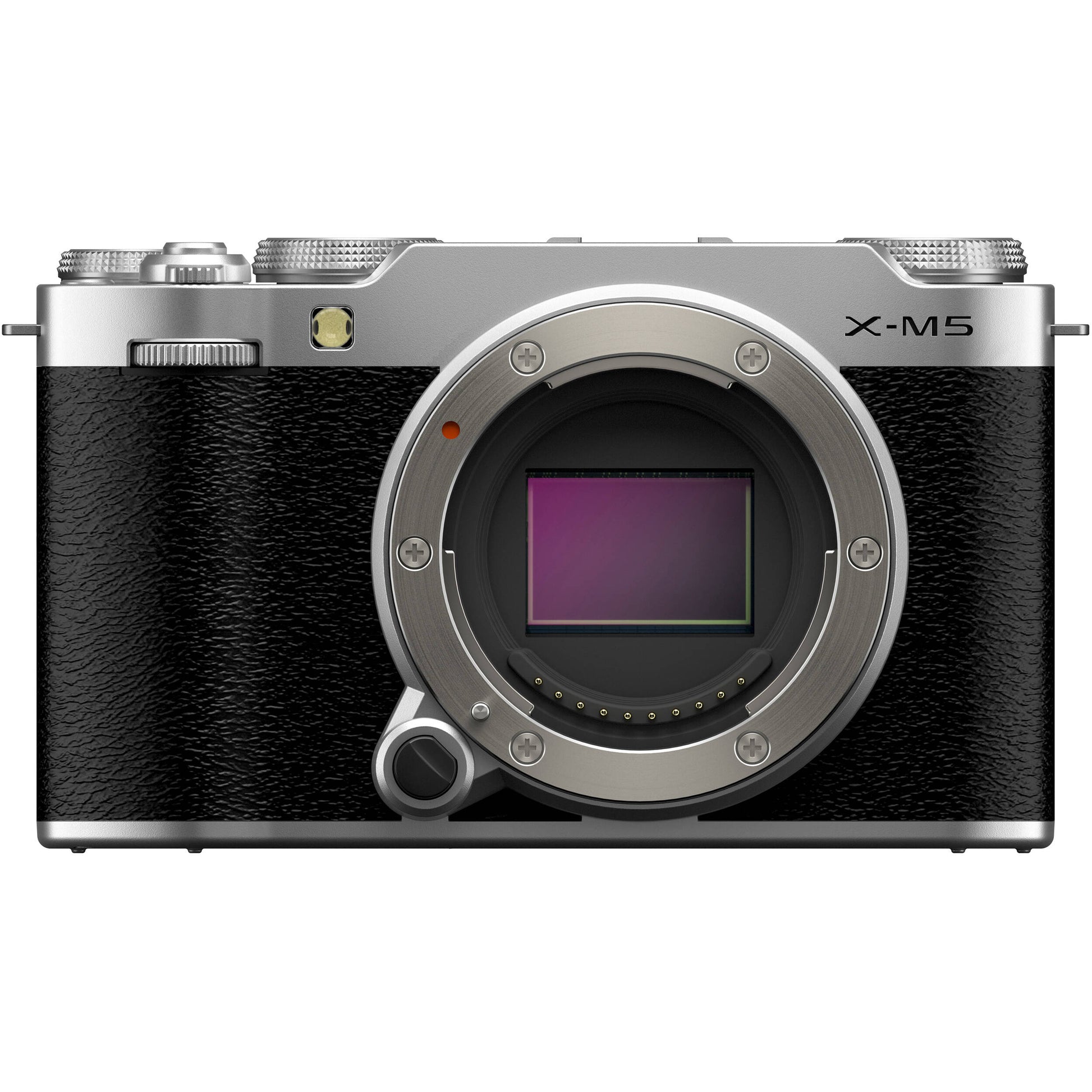 Fujifilm X-M5 silver mirrorless camera with 26.1MP APS-C X-Trans CMOS 4 sensor, X-Processor 5 engine, 3-inch fully articulated touchscreen, 6.2K video recording, and 8fps continuous shooting