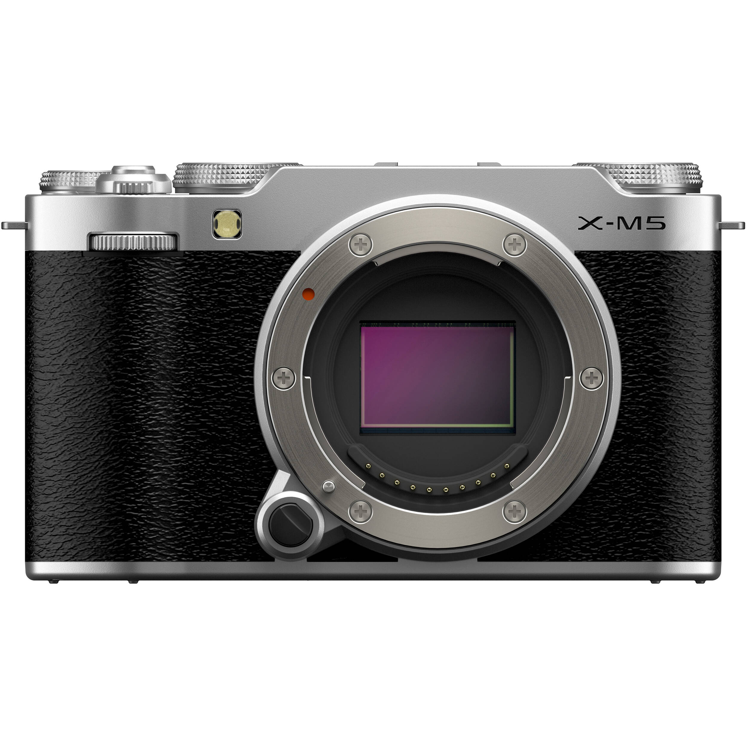 Fujifilm X-M5 silver mirrorless camera with 26.1MP APS-C X-Trans CMOS 4 sensor, X-Processor 5 engine, 3-inch fully articulated touchscreen, 6.2K video recording, and 8fps continuous shooting