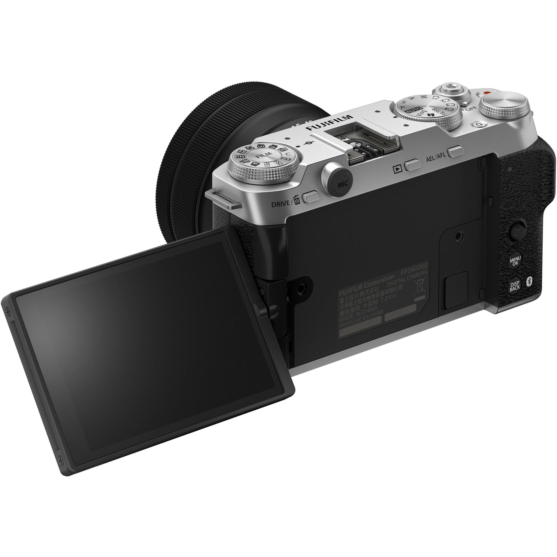 Fujifilm X-M5 silver mirrorless camera with 26.1MP APS-C X-Trans CMOS 4 sensor, X-Processor 5 engine, 3-inch fully articulated touchscreen, 6.2K video recording, and 8fps continuous shooting