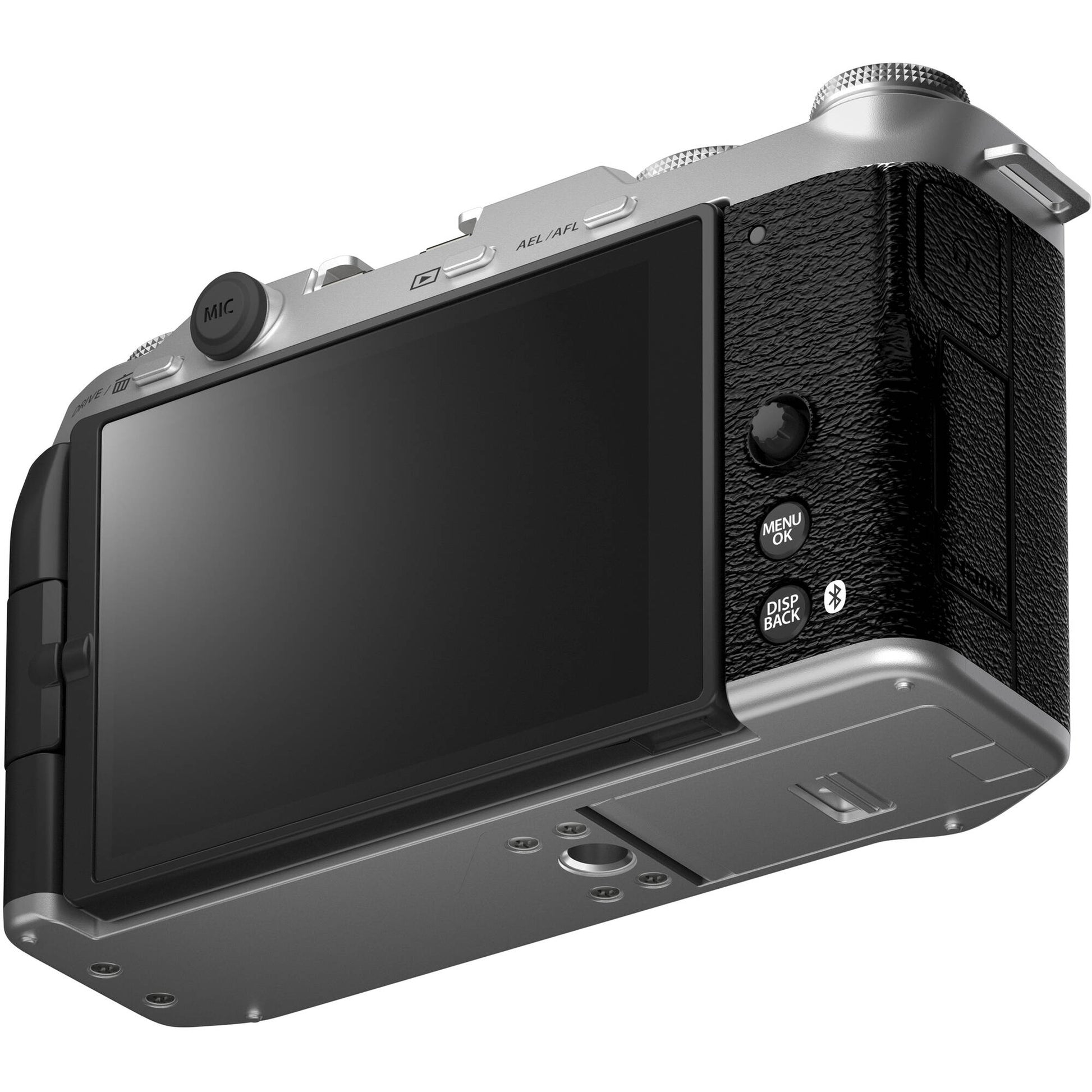 Fujifilm X-M5 silver mirrorless camera with 26.1MP APS-C X-Trans CMOS 4 sensor, X-Processor 5 engine, 3-inch fully articulated touchscreen, 6.2K video recording, and 8fps continuous shooting