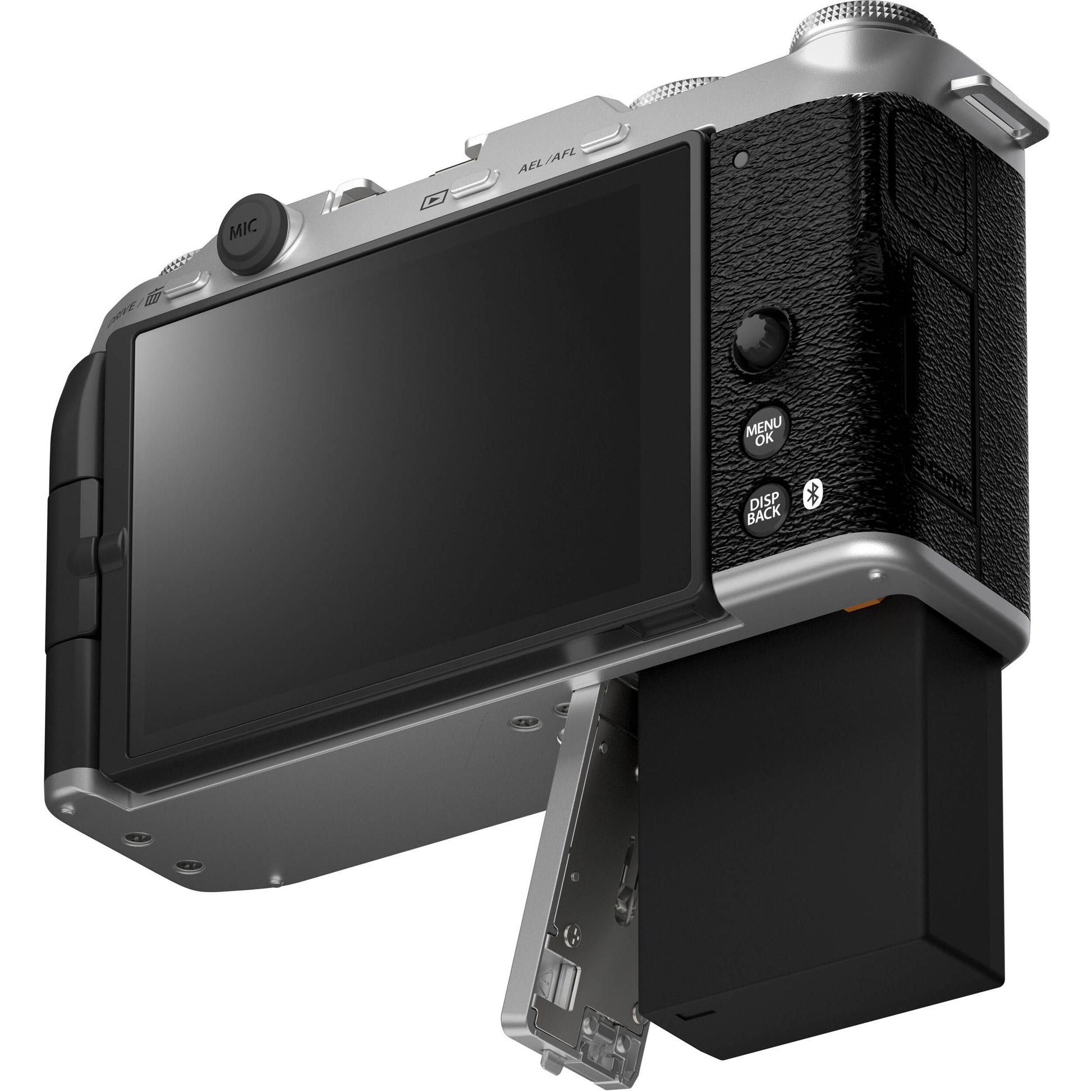 Fujifilm X-M5 silver mirrorless camera with 26.1MP APS-C X-Trans CMOS 4 sensor, X-Processor 5 engine, 3-inch fully articulated touchscreen, 6.2K video recording, and 8fps continuous shooting