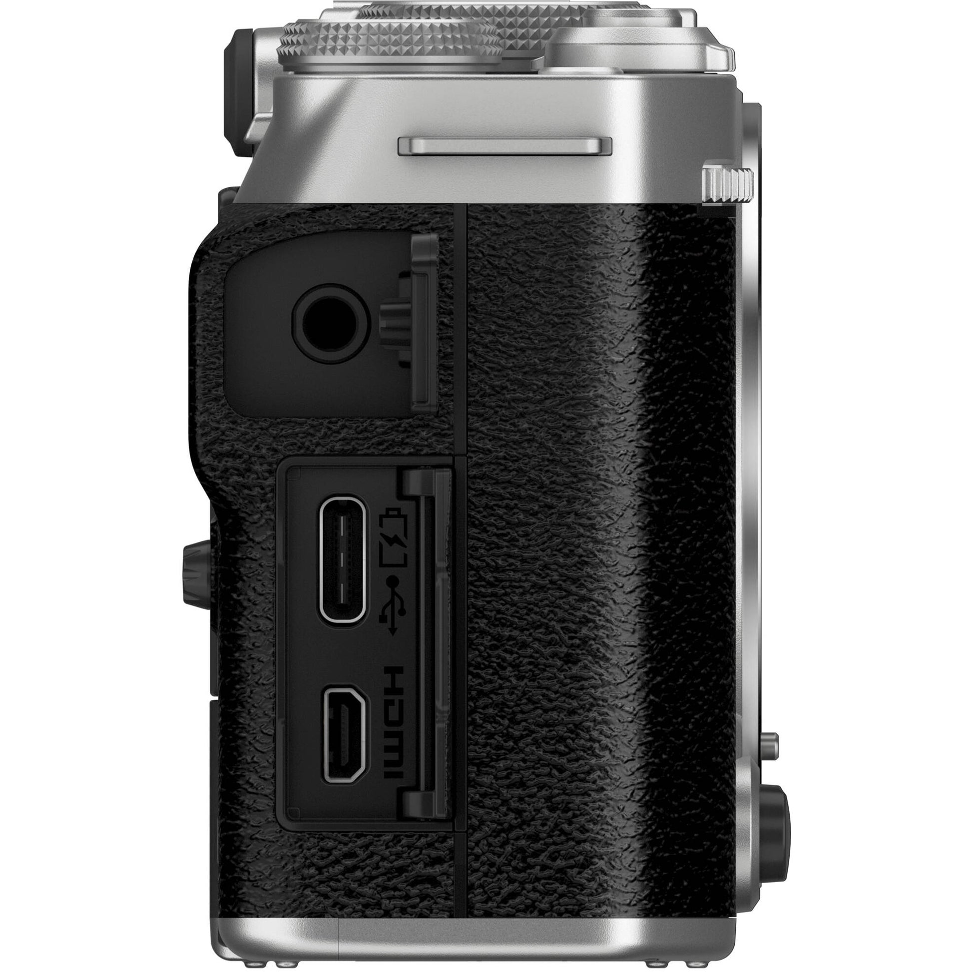 Fujifilm X-M5 silver mirrorless camera with 26.1MP APS-C X-Trans CMOS 4 sensor, X-Processor 5 engine, 3-inch fully articulated touchscreen, 6.2K video recording, and 8fps continuous shooting