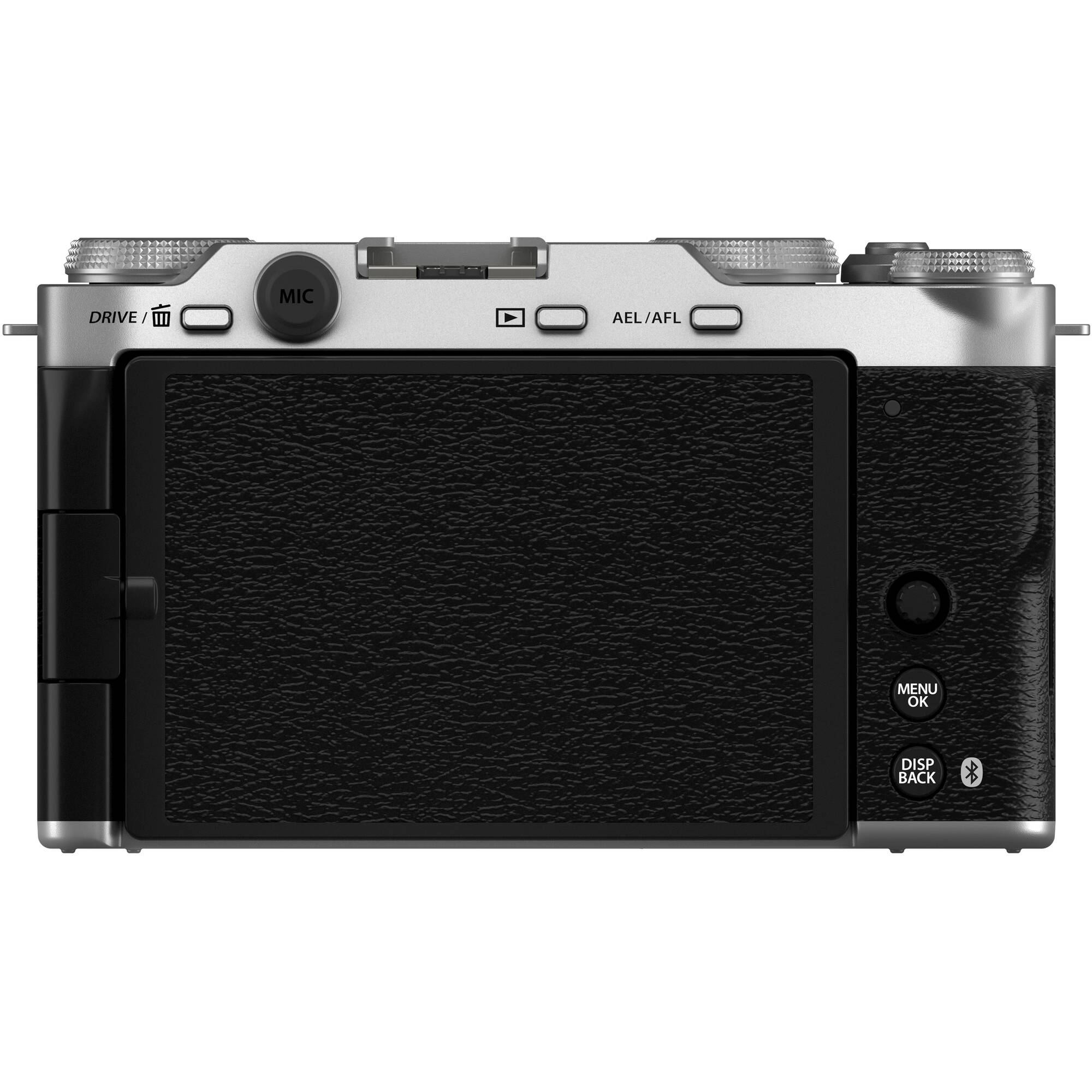 Fujifilm X-M5 silver mirrorless camera with 26.1MP APS-C X-Trans CMOS 4 sensor, X-Processor 5 engine, 3-inch fully articulated touchscreen, 6.2K video recording, and 8fps continuous shooting