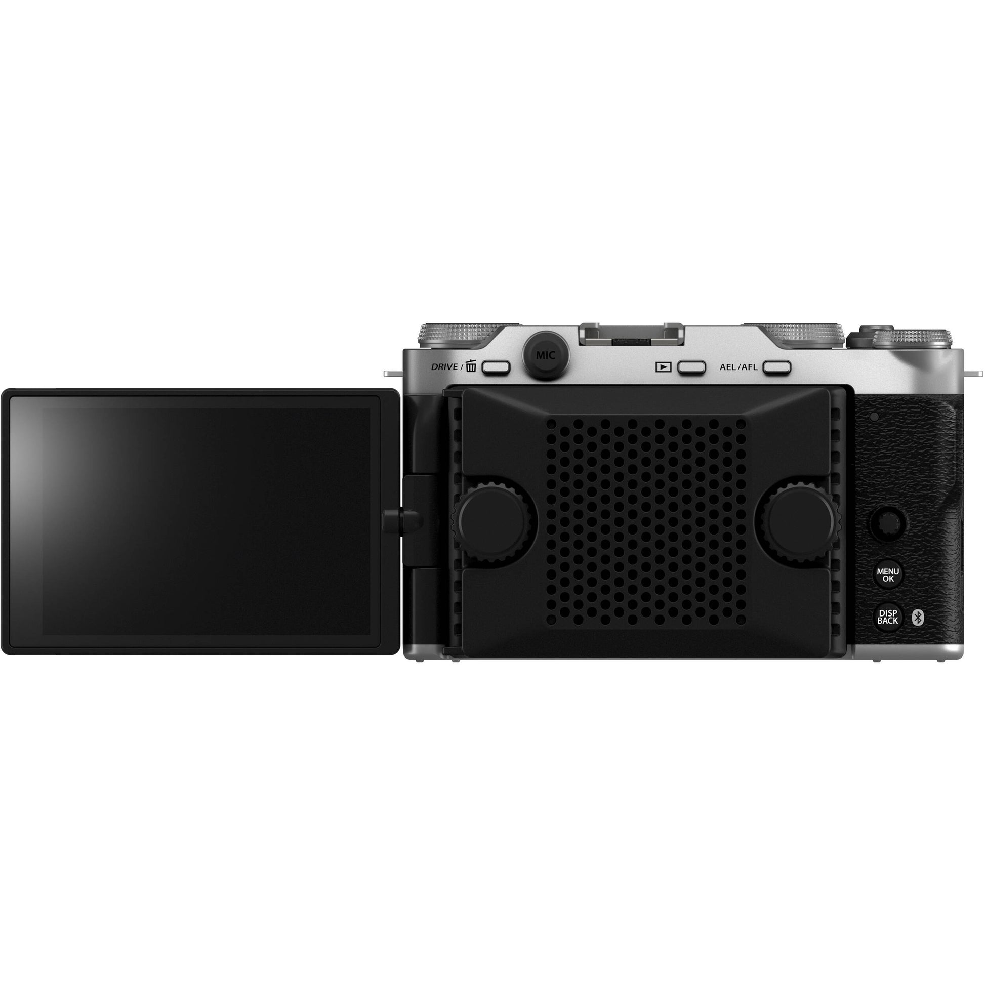 Fujifilm X-M5 silver mirrorless camera with 26.1MP APS-C X-Trans CMOS 4 sensor, X-Processor 5 engine, 3-inch fully articulated touchscreen, 6.2K video recording, and 8fps continuous shooting