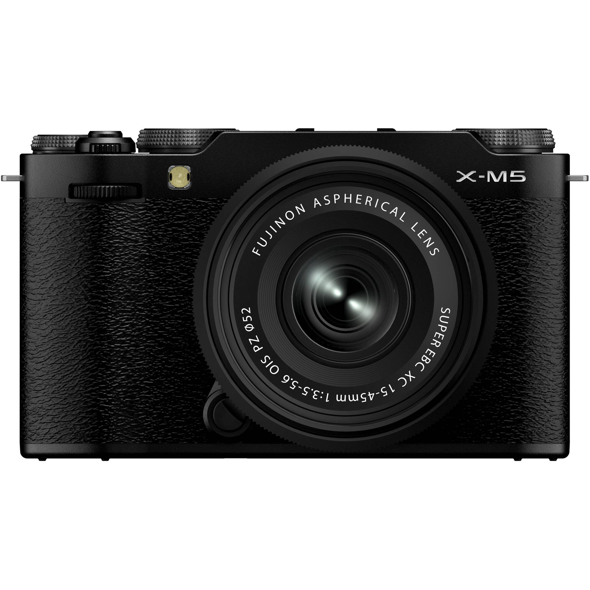 Fujifilm X-M5 black mirrorless camera with XC 15-45mm f/3.5-5.6 OIS PZ compact zoom lens featuring 23-69mm equivalent focal length, 3-stop optical image stabilization, and smooth electric zoom