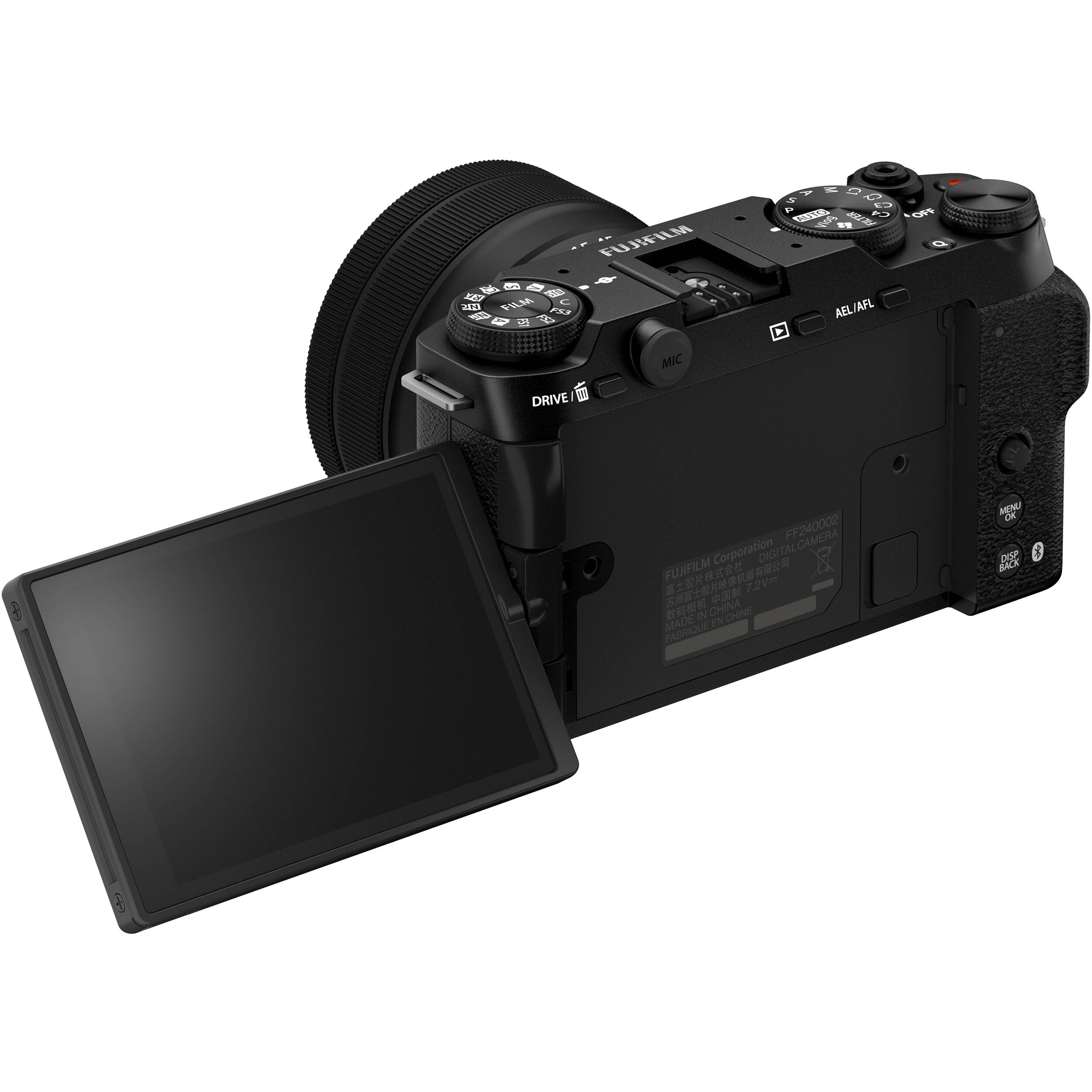 Fujifilm X-M5 black mirrorless camera with XC 15-45mm f/3.5-5.6 OIS PZ compact zoom lens featuring 23-69mm equivalent focal length, 3-stop optical image stabilization, and smooth electric zoom