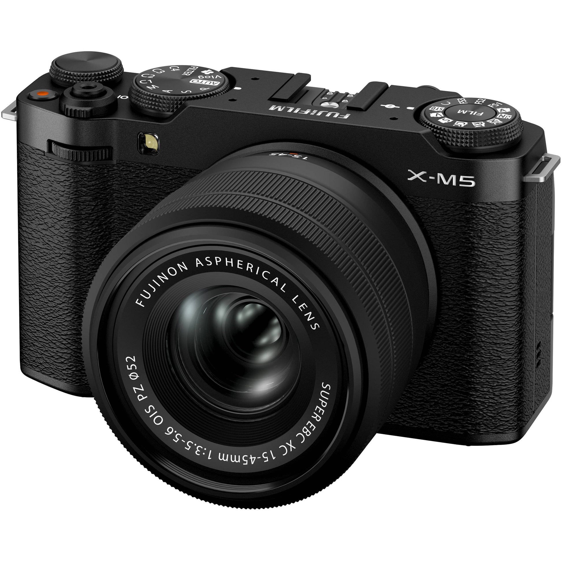 Fujifilm X-M5 black mirrorless camera with XC 15-45mm f/3.5-5.6 OIS PZ compact zoom lens featuring 23-69mm equivalent focal length, 3-stop optical image stabilization, and smooth electric zoom