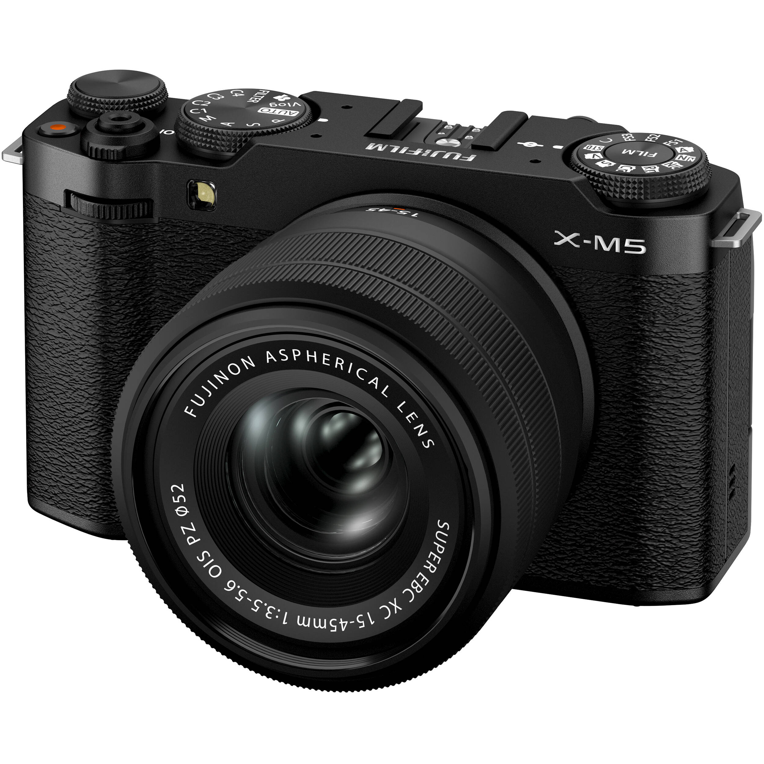 Fujifilm X-M5 black mirrorless camera with XC 15-45mm f/3.5-5.6 OIS PZ compact zoom lens featuring 23-69mm equivalent focal length, 3-stop optical image stabilization, and smooth electric zoom