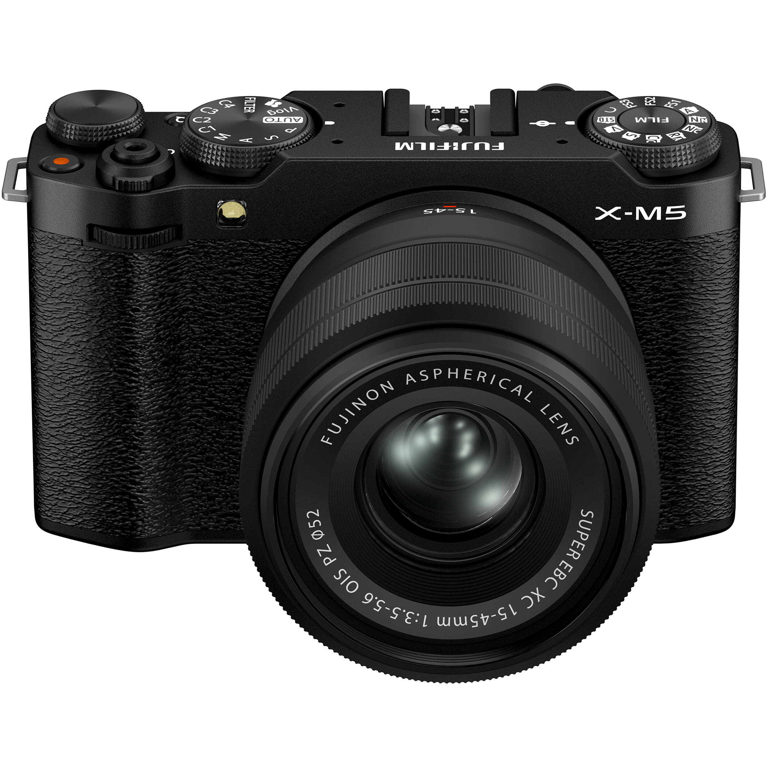 Fujifilm X-M5 black mirrorless camera with XC 15-45mm f/3.5-5.6 OIS PZ compact zoom lens featuring 23-69mm equivalent focal length, 3-stop optical image stabilization, and smooth electric zoom