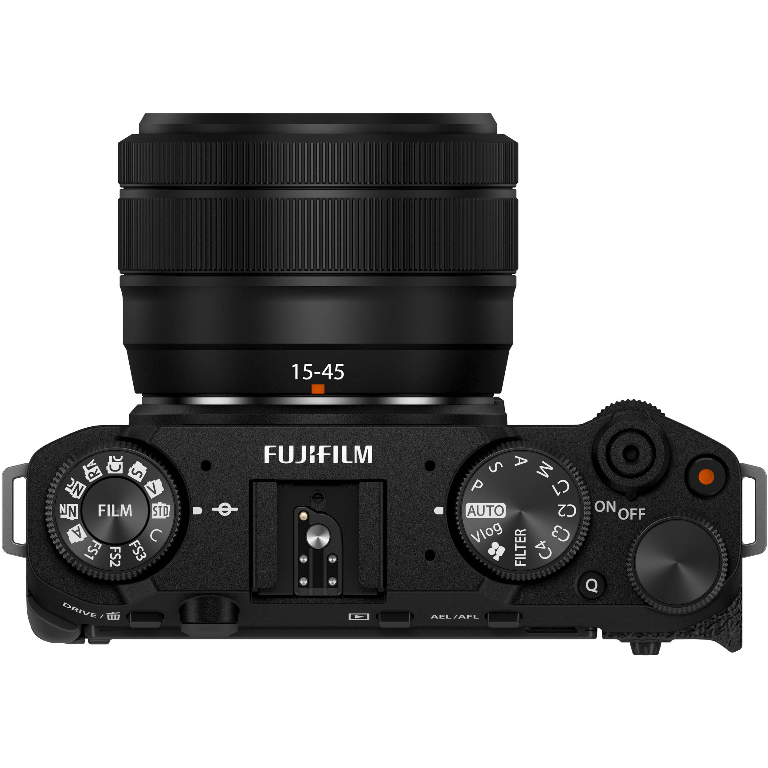 Fujifilm X-M5 black mirrorless camera with XC 15-45mm f/3.5-5.6 OIS PZ compact zoom lens featuring 23-69mm equivalent focal length, 3-stop optical image stabilization, and smooth electric zoom