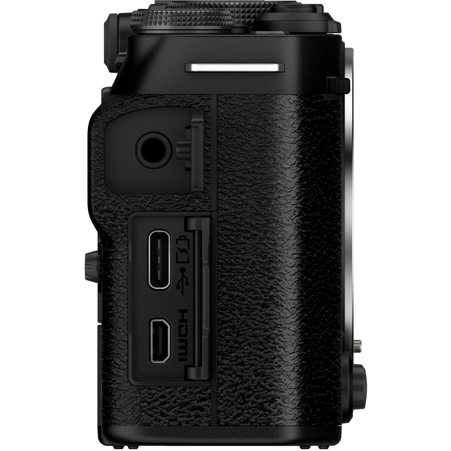 Fujifilm X-M5 black mirrorless camera with XC 15-45mm f/3.5-5.6 OIS PZ compact zoom lens featuring 23-69mm equivalent focal length, 3-stop optical image stabilization, and smooth electric zoom