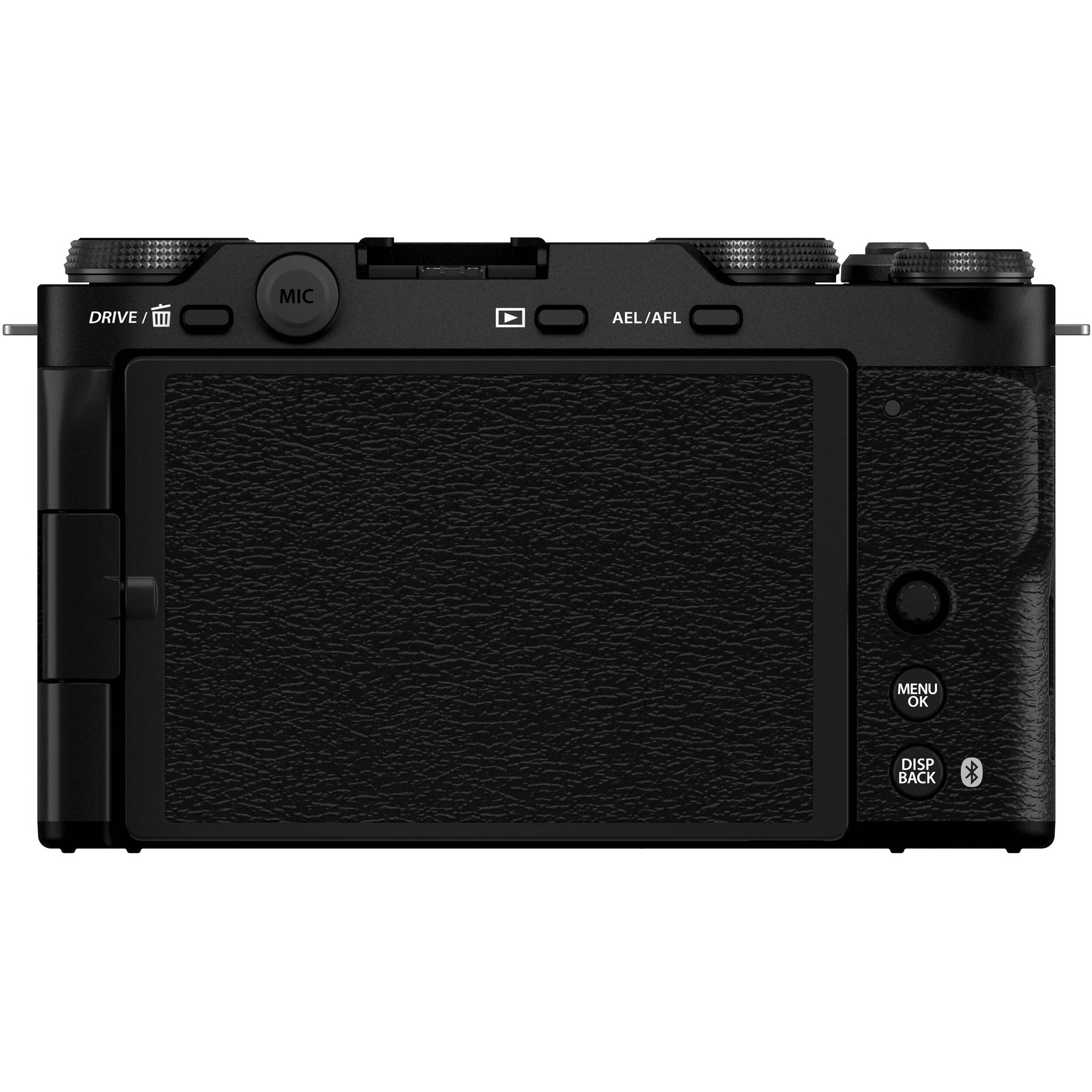 Fujifilm X-M5 black mirrorless camera with XC 15-45mm f/3.5-5.6 OIS PZ compact zoom lens featuring 23-69mm equivalent focal length, 3-stop optical image stabilization, and smooth electric zoom