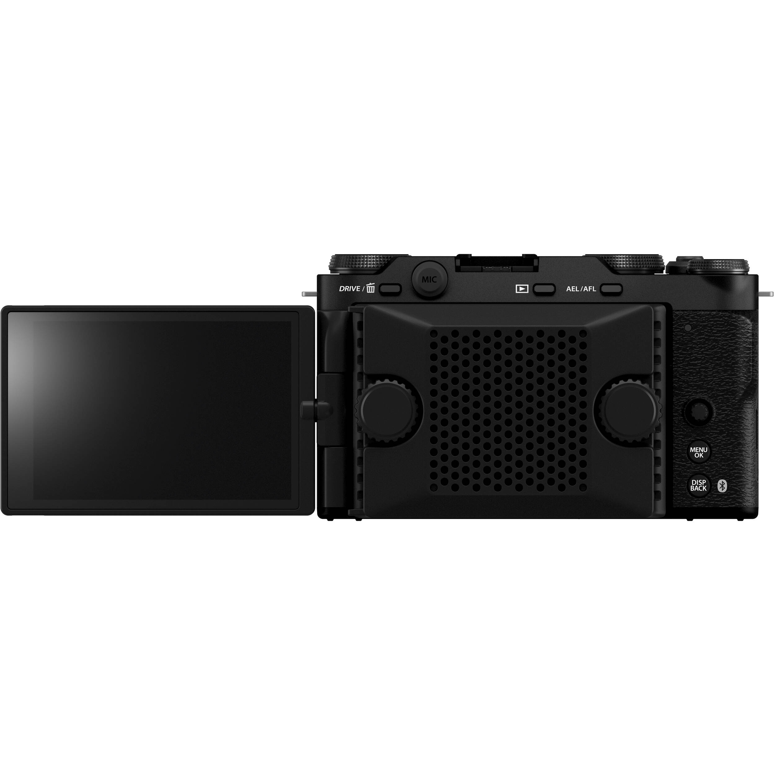 Fujifilm X-M5 black mirrorless camera with XC 15-45mm f/3.5-5.6 OIS PZ compact zoom lens featuring 23-69mm equivalent focal length, 3-stop optical image stabilization, and smooth electric zoom