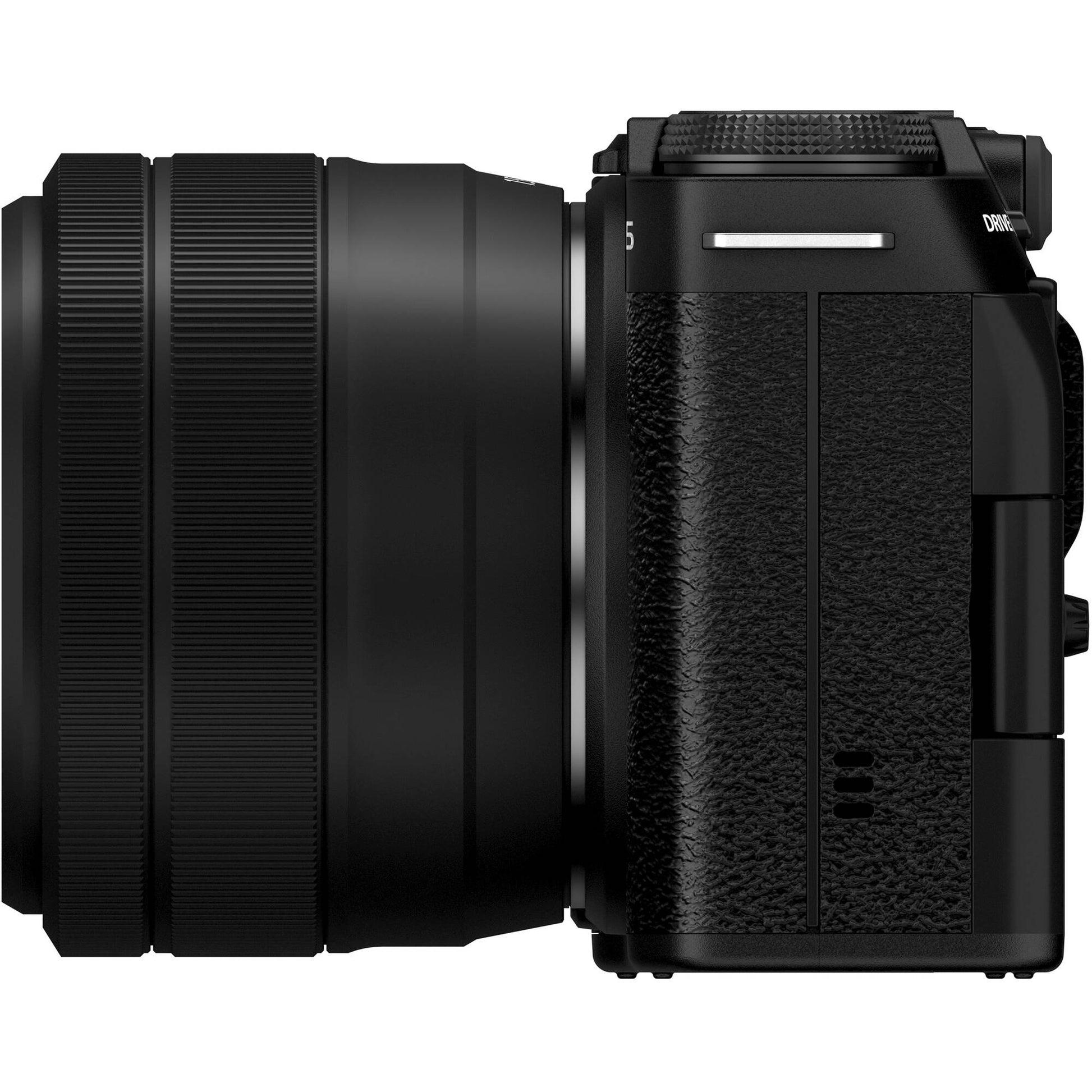 Fujifilm X-M5 black mirrorless camera with XC 15-45mm f/3.5-5.6 OIS PZ compact zoom lens featuring 23-69mm equivalent focal length, 3-stop optical image stabilization, and smooth electric zoom