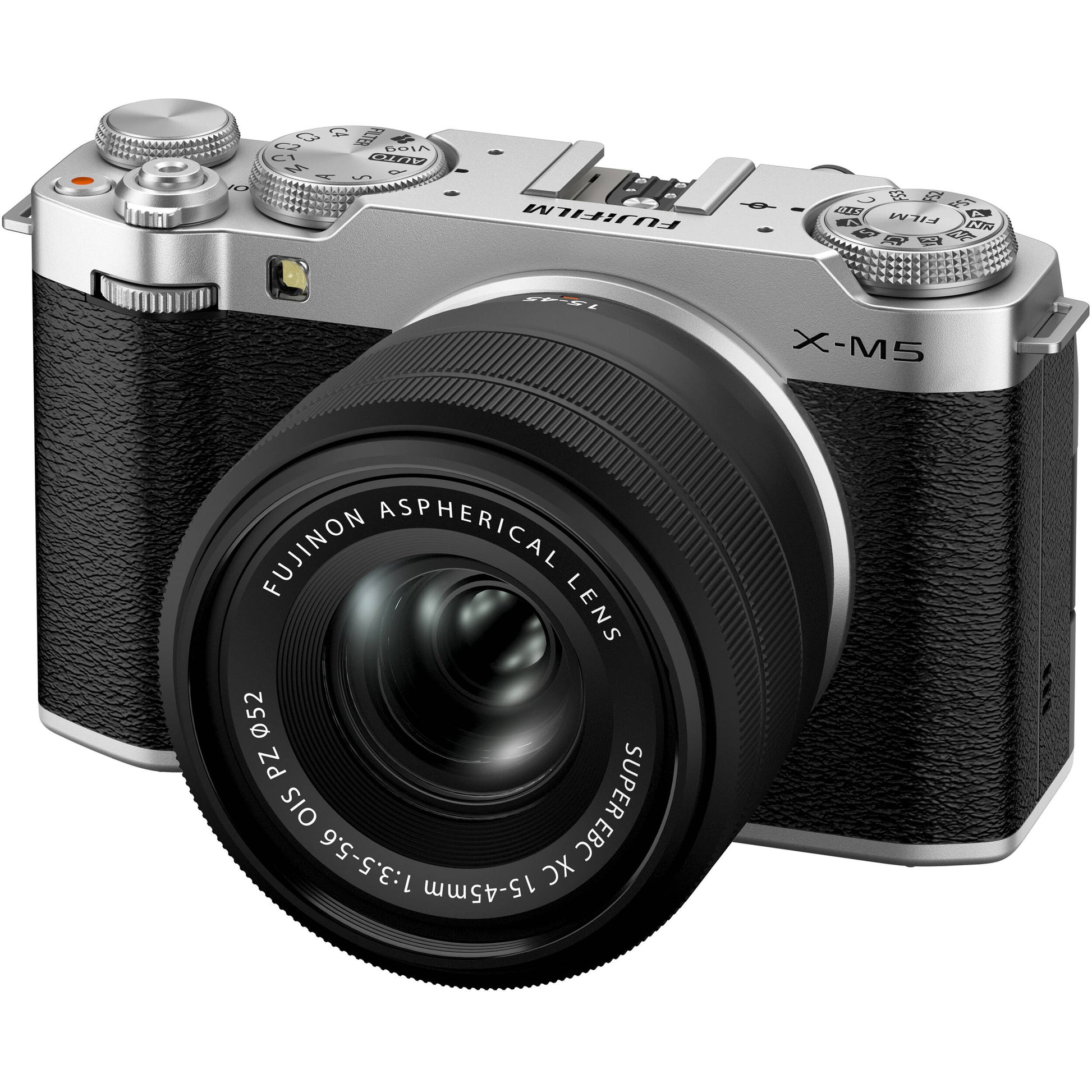 Fujifilm X-M5 silver mirrorless camera with XC 15-45mm f/3.5-5.6 OIS PZ compact zoom lens featuring 23-69mm equivalent focal length, 3-stop optical image stabilization, and smooth electric zoom