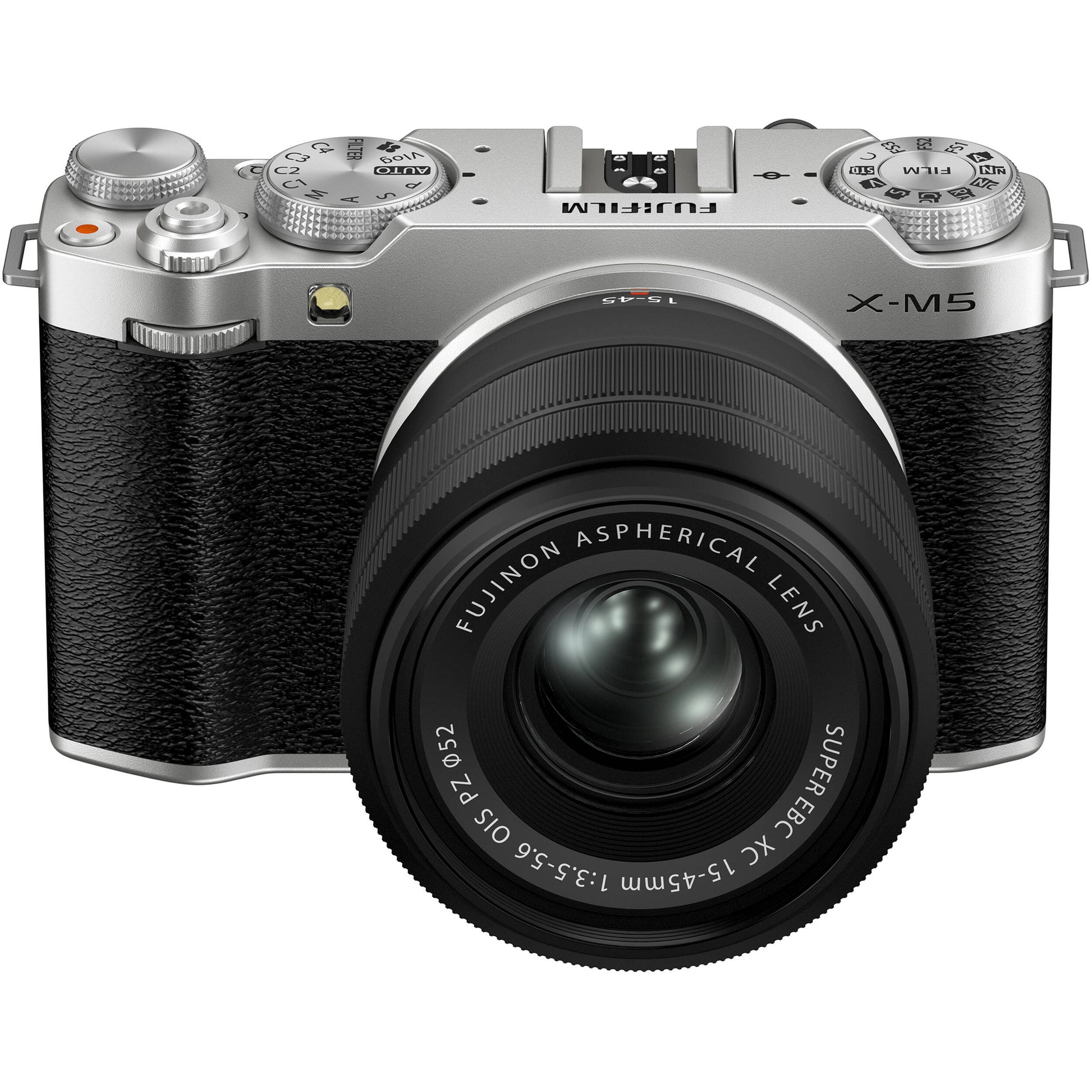 Fujifilm X-M5 silver mirrorless camera with XC 15-45mm f/3.5-5.6 OIS PZ compact zoom lens featuring 23-69mm equivalent focal length, 3-stop optical image stabilization, and smooth electric zoom