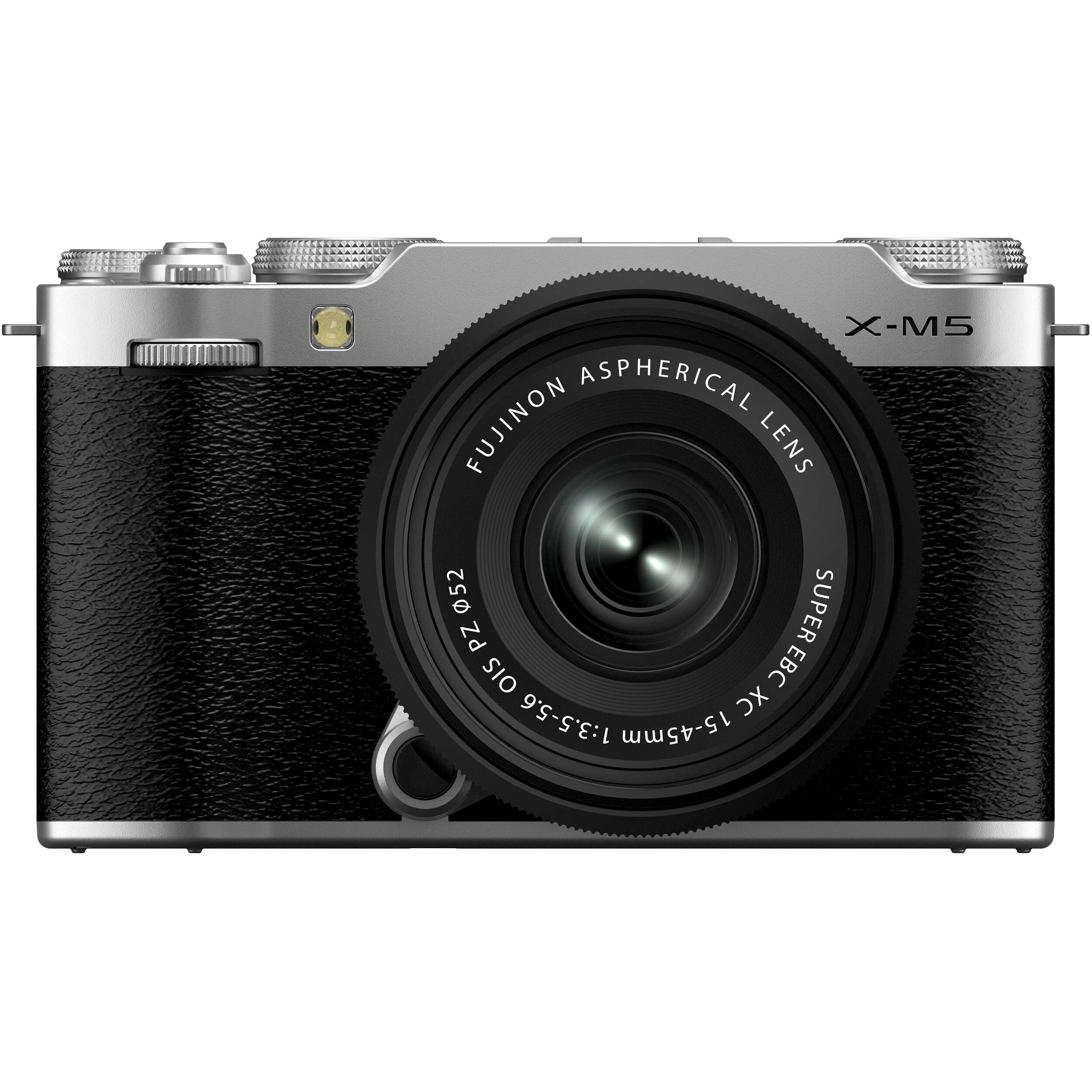 Fujifilm X-M5 silver mirrorless camera with XC 15-45mm f/3.5-5.6 OIS PZ compact zoom lens featuring 23-69mm equivalent focal length, 3-stop optical image stabilization, and smooth electric zoom