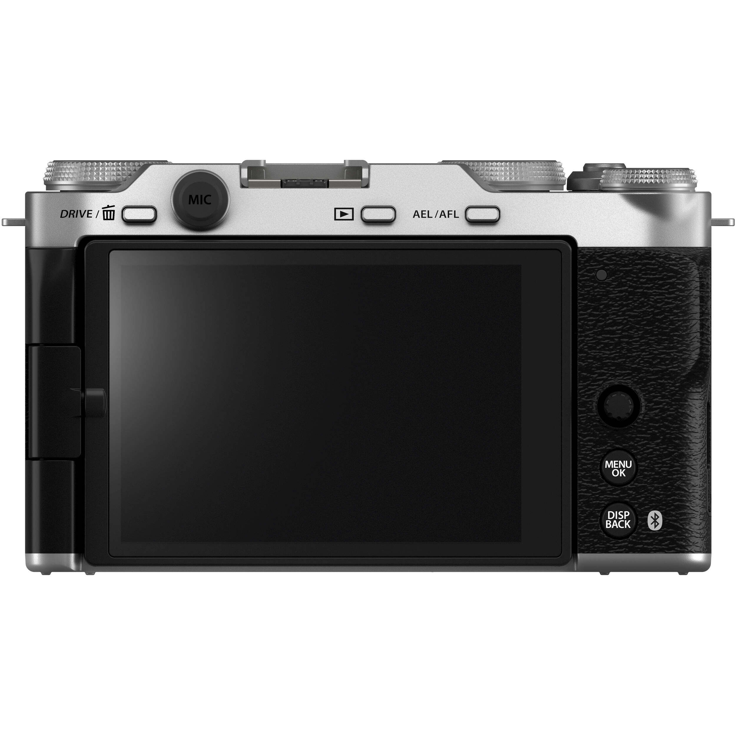 Fujifilm X-M5 silver mirrorless camera with XC 15-45mm f/3.5-5.6 OIS PZ compact zoom lens featuring 23-69mm equivalent focal length, 3-stop optical image stabilization, and smooth electric zoom