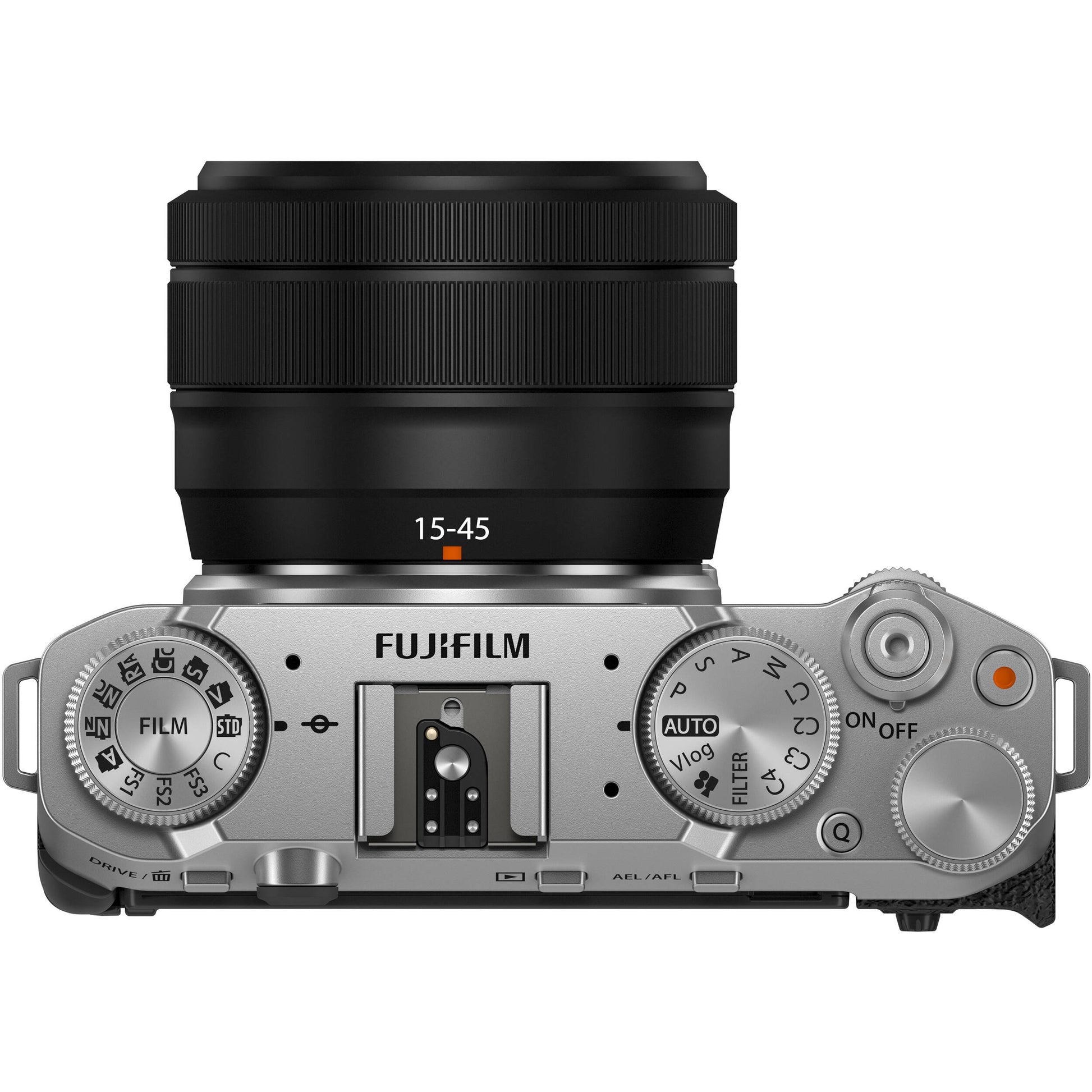 Fujifilm X-M5 silver mirrorless camera with XC 15-45mm f/3.5-5.6 OIS PZ compact zoom lens featuring 23-69mm equivalent focal length, 3-stop optical image stabilization, and smooth electric zoom