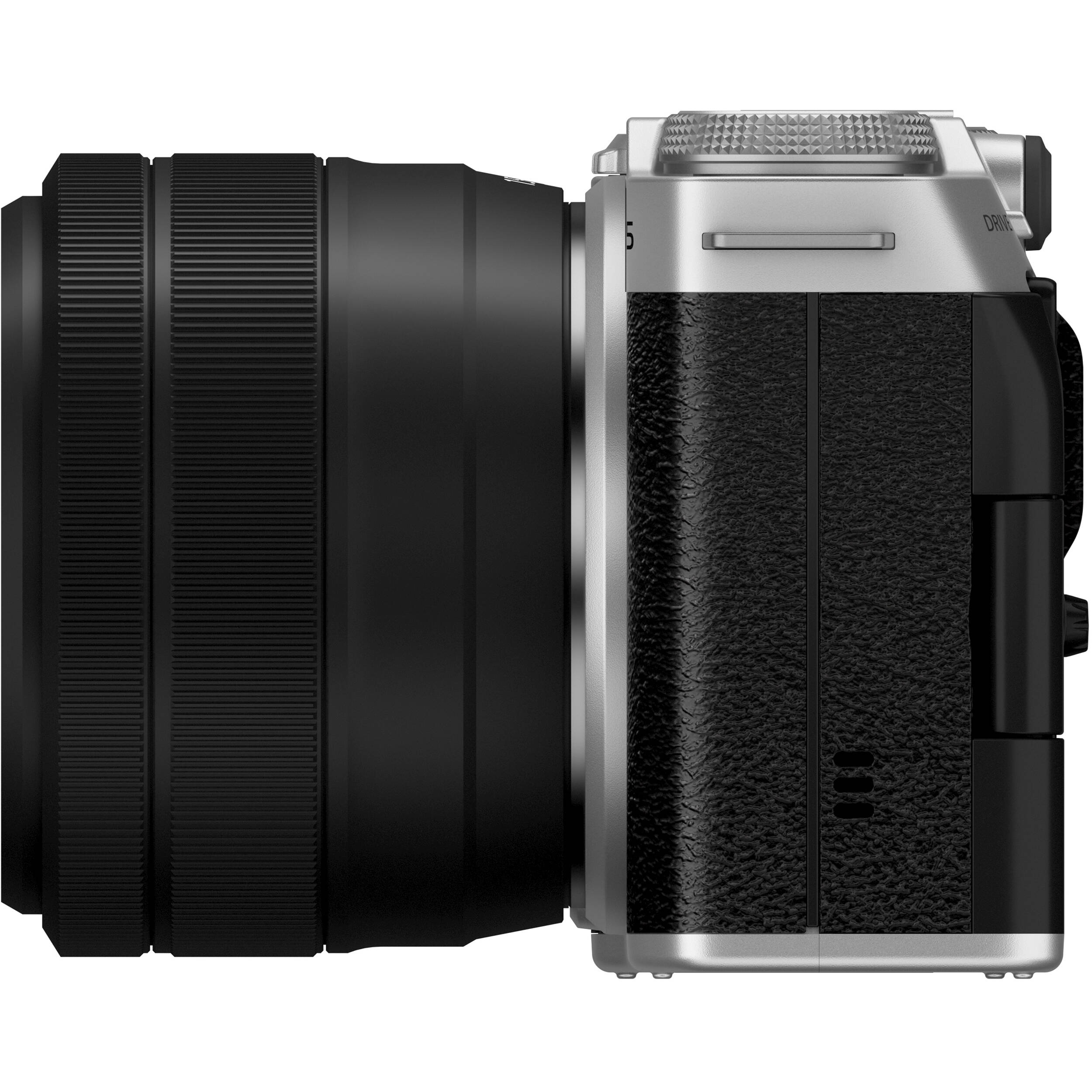 Fujifilm X-M5 silver mirrorless camera with XC 15-45mm f/3.5-5.6 OIS PZ compact zoom lens featuring 23-69mm equivalent focal length, 3-stop optical image stabilization, and smooth electric zoom