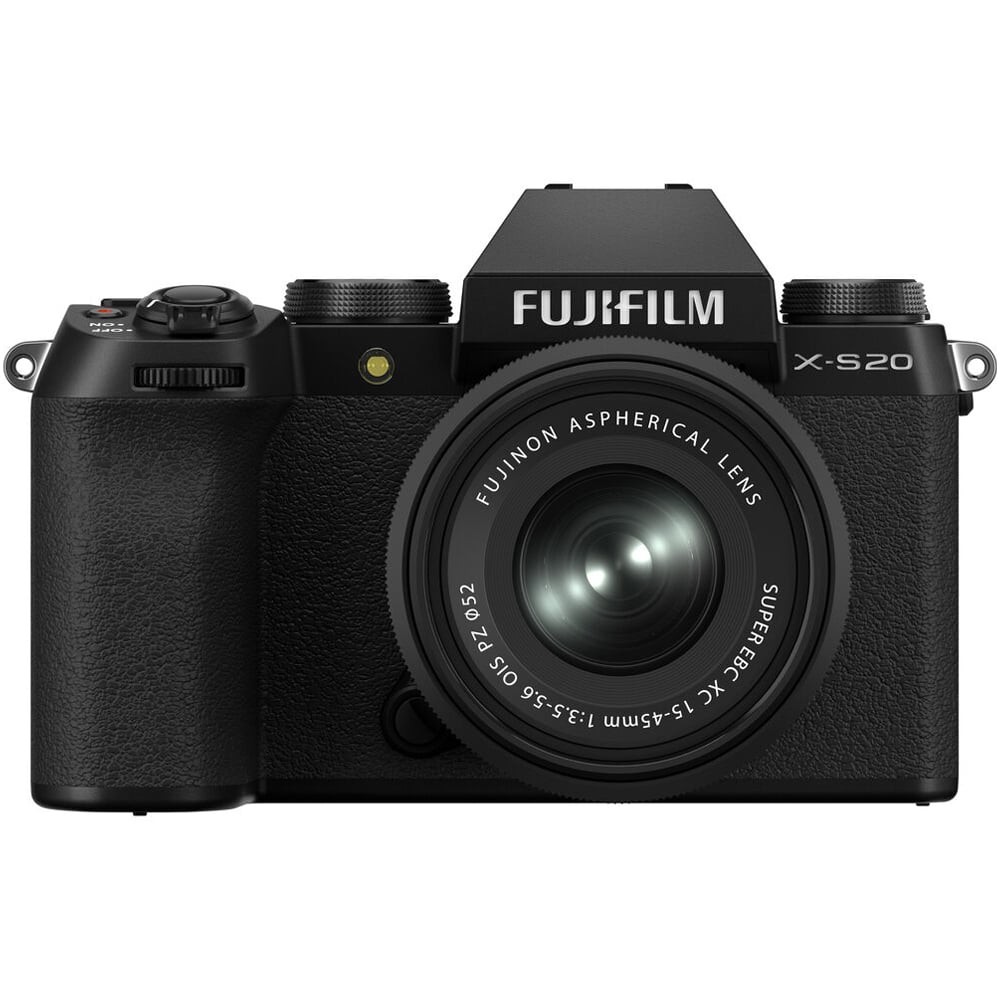 Fujifilm X-S20 black mirrorless camera with 26.1MP APS-C X-Trans CMOS 4 sensor, X-Processor 5, 5-axis in-body image stabilization, 2.36m-dot OLED EVF, 3-inch vari-angle touchscreen, and XC 15-45mm f/3.5-5.6 OIS PZ compact zoom lens