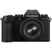 Fujifilm X-S20 black mirrorless camera with 26.1MP APS-C X-Trans CMOS 4 sensor, X-Processor 5, 5-axis in-body image stabilization, 2.36m-dot OLED EVF, 3-inch vari-angle touchscreen, and XC 15-45mm f/3.5-5.6 OIS PZ compact zoom lens