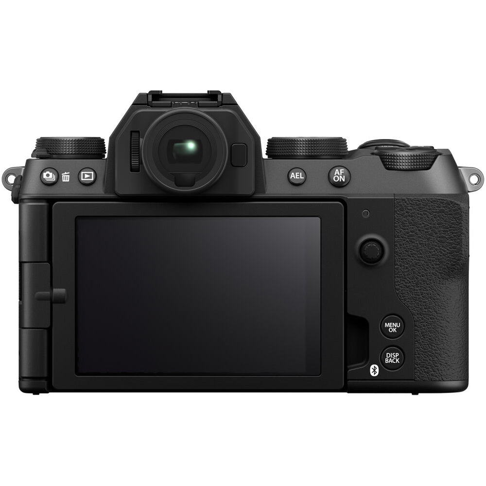 Fujifilm X-S20 black mirrorless camera with 26.1MP APS-C X-Trans CMOS 4 sensor, X-Processor 5, 5-axis in-body image stabilization, 2.36m-dot OLED EVF, 3-inch vari-angle touchscreen, and XC 15-45mm f/3.5-5.6 OIS PZ compact zoom lens