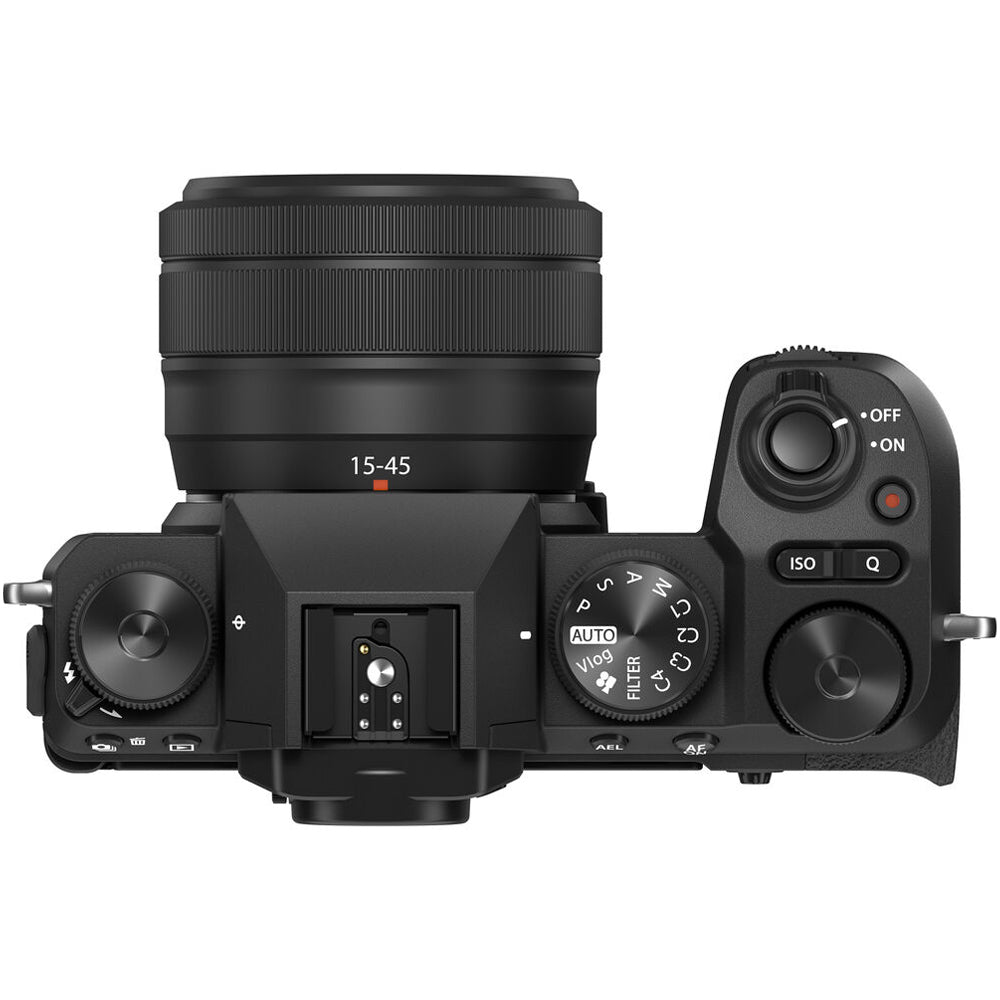 Fujifilm X-S20 black mirrorless camera with 26.1MP APS-C X-Trans CMOS 4 sensor, X-Processor 5, 5-axis in-body image stabilization, 2.36m-dot OLED EVF, 3-inch vari-angle touchscreen, and XC 15-45mm f/3.5-5.6 OIS PZ compact zoom lens