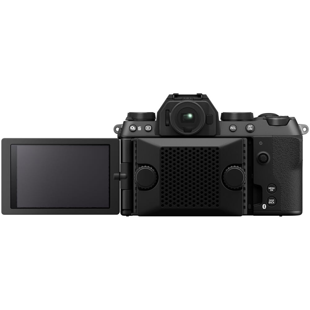 Fujifilm X-S20 black mirrorless camera with 26.1MP APS-C X-Trans CMOS 4 sensor, X-Processor 5, 5-axis in-body image stabilization, 2.36m-dot OLED EVF, 3-inch vari-angle touchscreen, and XC 15-45mm f/3.5-5.6 OIS PZ compact zoom lens