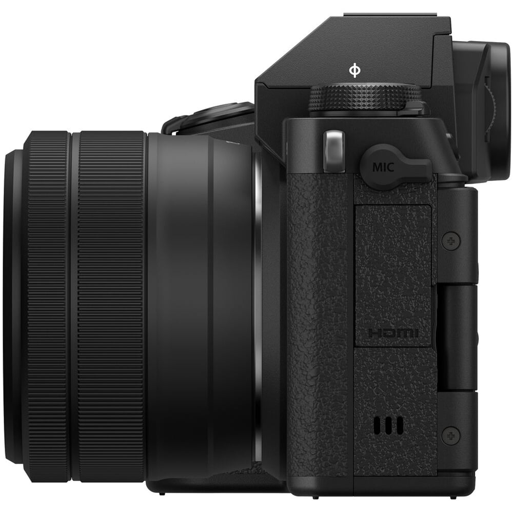 Fujifilm X-S20 black mirrorless camera with 26.1MP APS-C X-Trans CMOS 4 sensor, X-Processor 5, 5-axis in-body image stabilization, 2.36m-dot OLED EVF, 3-inch vari-angle touchscreen, and XC 15-45mm f/3.5-5.6 OIS PZ compact zoom lens