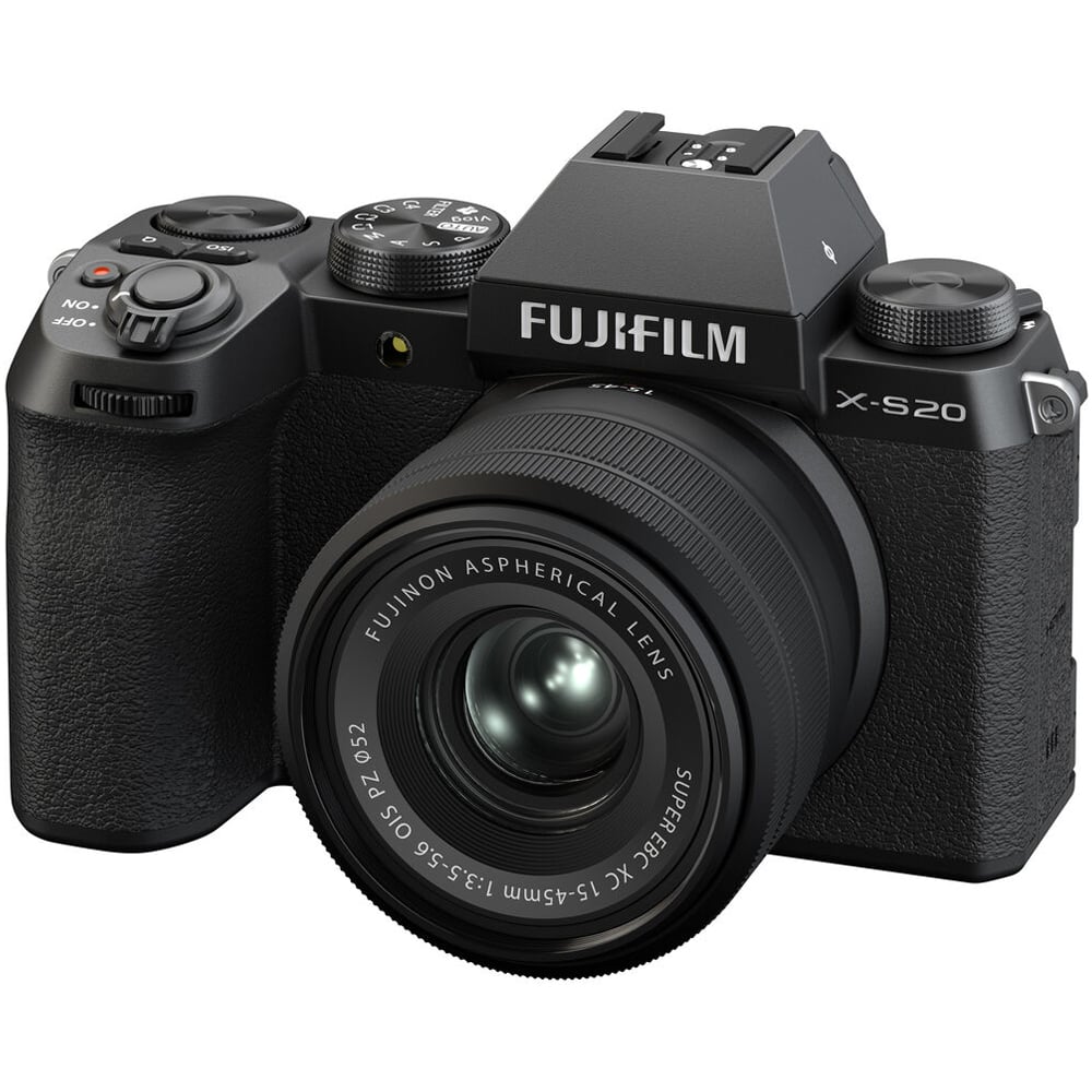Fujifilm X-S20 black mirrorless camera with 26.1MP APS-C X-Trans CMOS 4 sensor, X-Processor 5, 5-axis in-body image stabilization, 2.36m-dot OLED EVF, 3-inch vari-angle touchscreen, and XC 15-45mm f/3.5-5.6 OIS PZ compact zoom lens