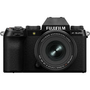 Fujifilm X-S20 black mirrorless camera with XF 16-50mm f/2.8-4.8 R LM WR lens, 26.1MP APS-C X-Trans CMOS 4 sensor, 5-axis in-body image stabilization, 2.36m-dot OLED EVF, and 6.2K video recording