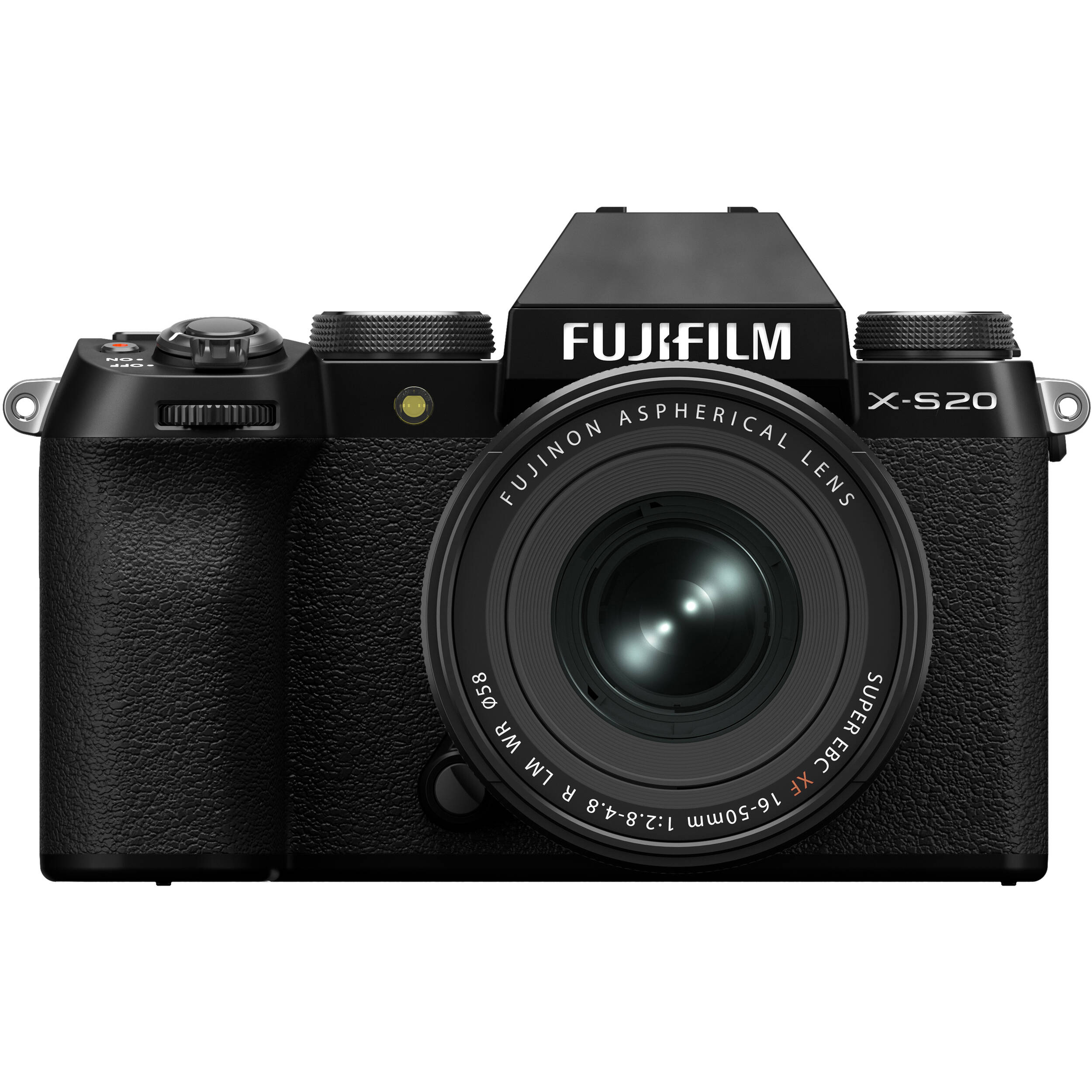 Fujifilm X-S20 black mirrorless camera with XF 16-50mm f/2.8-4.8 R LM WR lens, 26.1MP APS-C X-Trans CMOS 4 sensor, 5-axis in-body image stabilization, 2.36m-dot OLED EVF, and 6.2K video recording