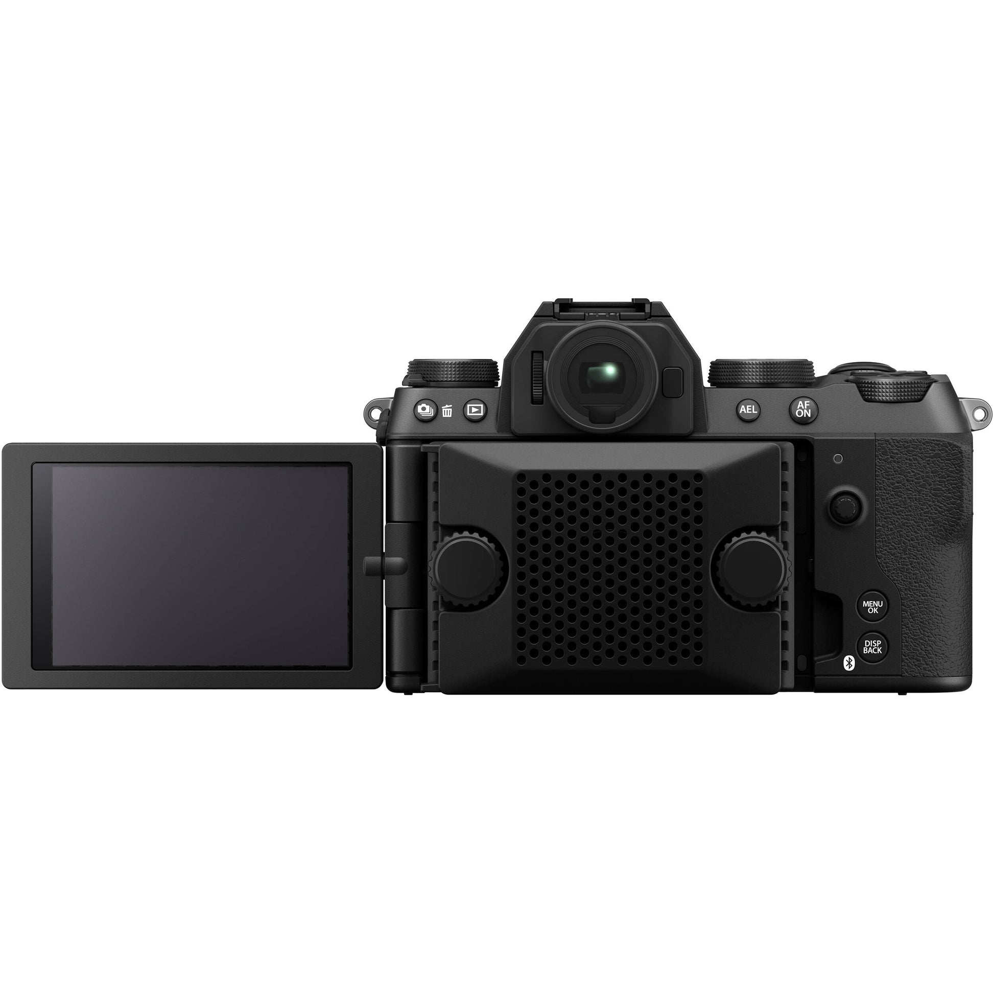 Fujifilm X-S20 black mirrorless camera with XF 16-50mm f/2.8-4.8 R LM WR lens, 26.1MP APS-C X-Trans CMOS 4 sensor, 5-axis in-body image stabilization, 2.36m-dot OLED EVF, and 6.2K video recording