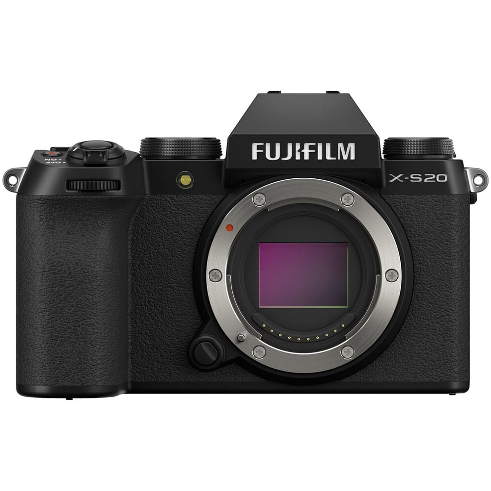 Fujifilm X-S20 black mirrorless camera with 26.1MP APS-C X-Trans CMOS 4 sensor, 8fps mechanical shutter, 20/30fps electronic shutter, 4K video, and 5-axis sensor-shift stabilization
