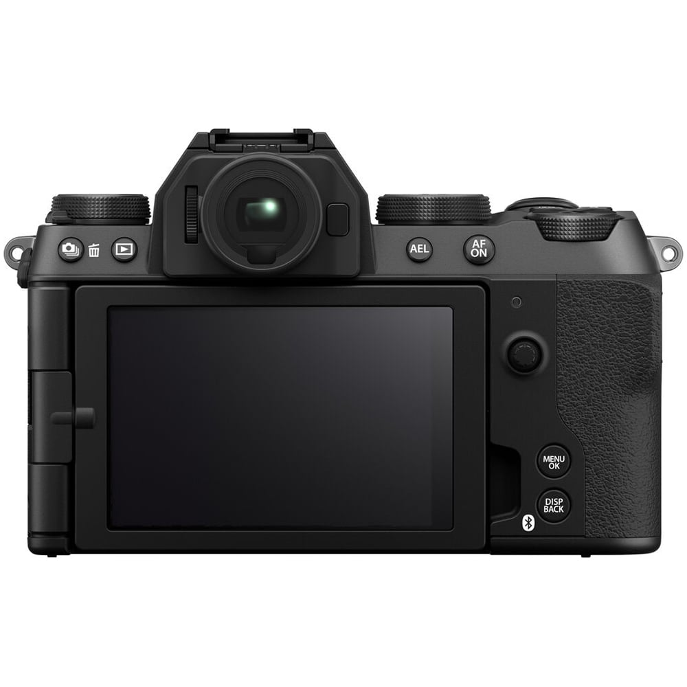 Fujifilm X-S20 black mirrorless camera with 26.1MP APS-C X-Trans CMOS 4 sensor, 8fps mechanical shutter, 20/30fps electronic shutter, 4K video, and 5-axis sensor-shift stabilization