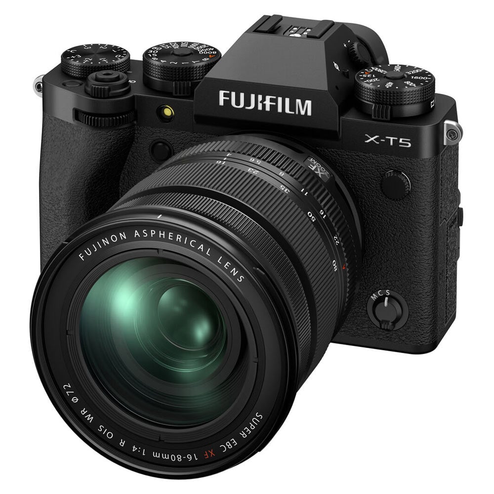 Fujifilm X-T5 Mirrorless Camera with 16-80mm Lens – black APS-C camera kit featuring a 40MP sensor, in-body stabilisation, and versatile zoom lens for stills and video.