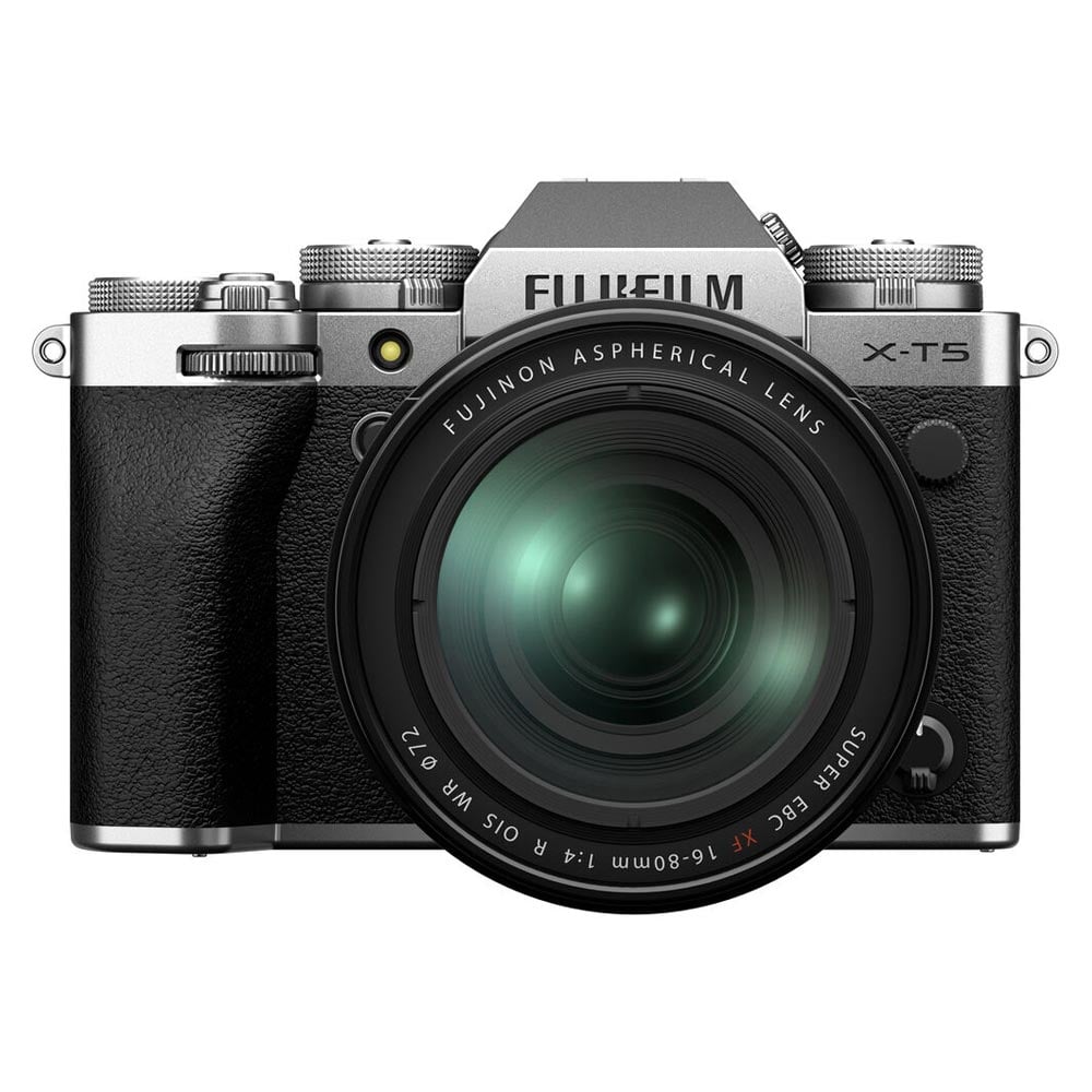 Fujifilm X-T5 Mirrorless Camera with 16-80mm Lens – silver APS-C camera kit with 40MP sensor, in-body image stabilization, and versatile zoom lens for high-quality stills and video.