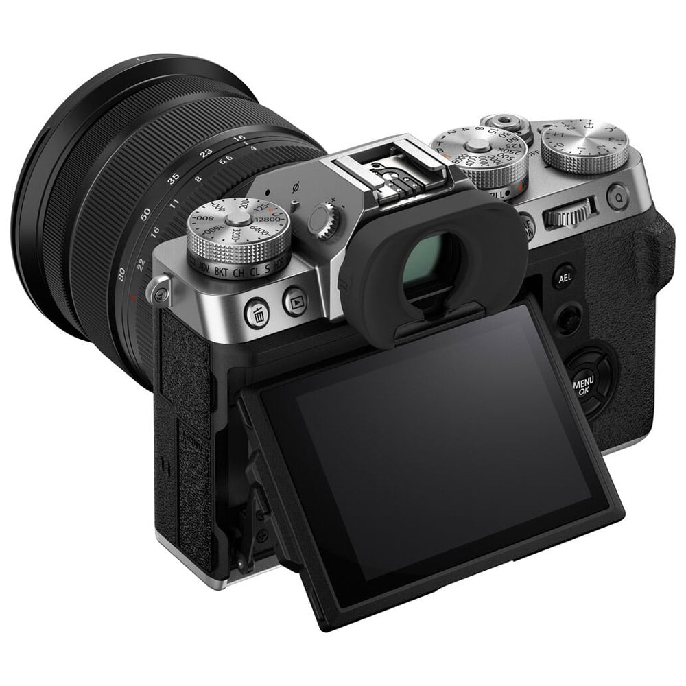 Fujifilm X-T5 Mirrorless Camera with 16-80mm Lens – silver APS-C camera kit with 40MP sensor, in-body image stabilization, and versatile zoom lens for high-quality stills and video.