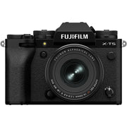 Fujifilm X-T5 black mirrorless camera with XF 16-50mm f/2.8-4.8 R LM WR lens, 40.2MP APS-C X-Trans CMOS 5 HR sensor, 7-stop in-body image stabilization, 3.69m-dot OLED EVF, and advanced video with 4K 120p and 6.2K 30p recording