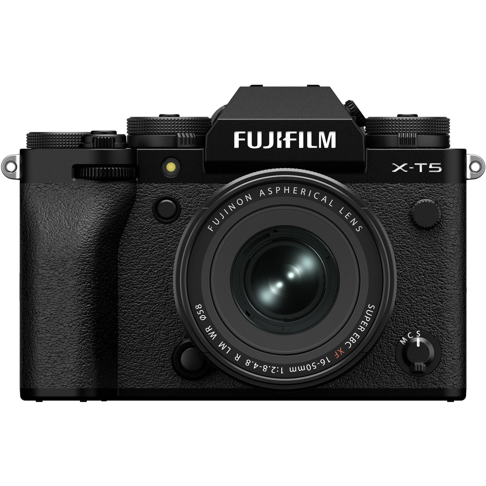 Fujifilm X-T5 black mirrorless camera with XF 16-50mm f/2.8-4.8 R LM WR lens, 40.2MP APS-C X-Trans CMOS 5 HR sensor, 7-stop in-body image stabilization, 3.69m-dot OLED EVF, and advanced video with 4K 120p and 6.2K 30p recording