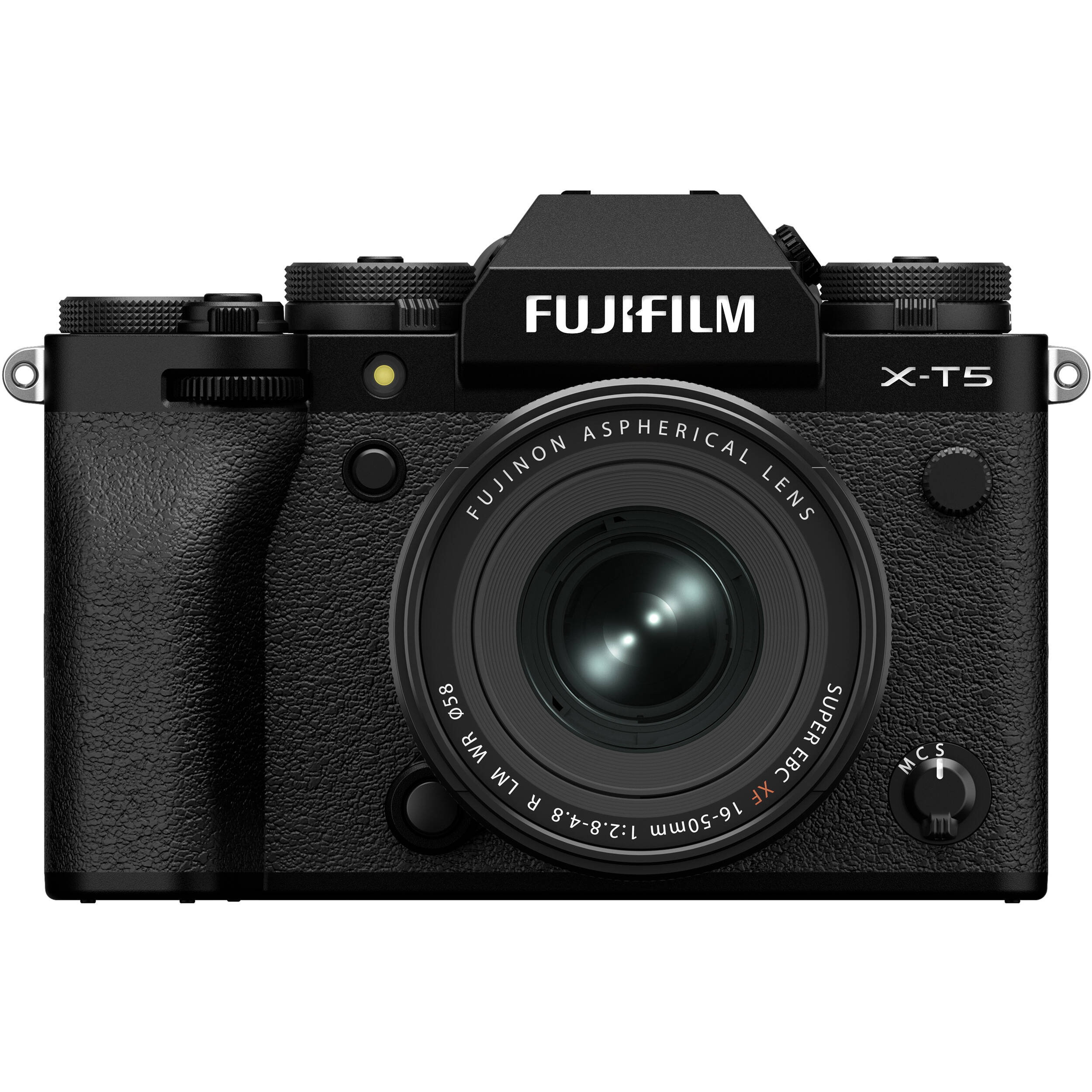 Fujifilm X-T5 black mirrorless camera with XF 16-50mm f/2.8-4.8 R LM WR lens, 40.2MP APS-C X-Trans CMOS 5 HR sensor, 7-stop in-body image stabilization, 3.69m-dot OLED EVF, and advanced video with 4K 120p and 6.2K 30p recording