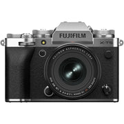 Fujifilm X-T5 silver mirrorless camera with XF 16-50mm f/2.8-4.8 R LM WR lens, 40.2MP APS-C X-Trans CMOS 5 HR sensor, 7-stop in-body image stabilization, 3.69m-dot OLED EVF, and advanced video with 4K 120p and 6.2K 30p recording