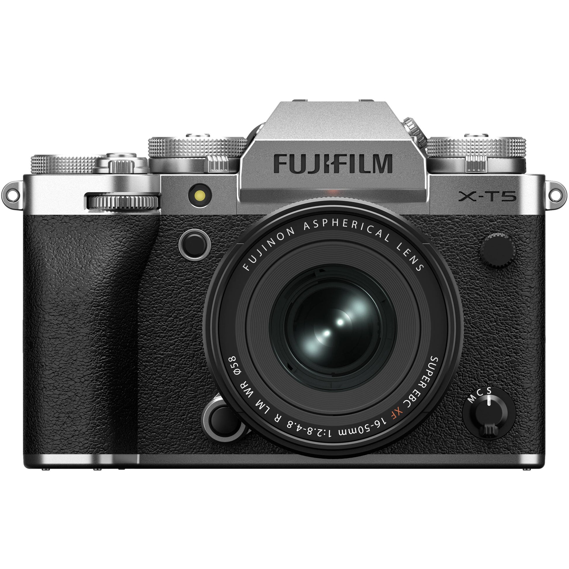 Fujifilm X-T5 silver mirrorless camera with XF 16-50mm f/2.8-4.8 R LM WR lens, 40.2MP APS-C X-Trans CMOS 5 HR sensor, 7-stop in-body image stabilization, 3.69m-dot OLED EVF, and advanced video with 4K 120p and 6.2K 30p recording