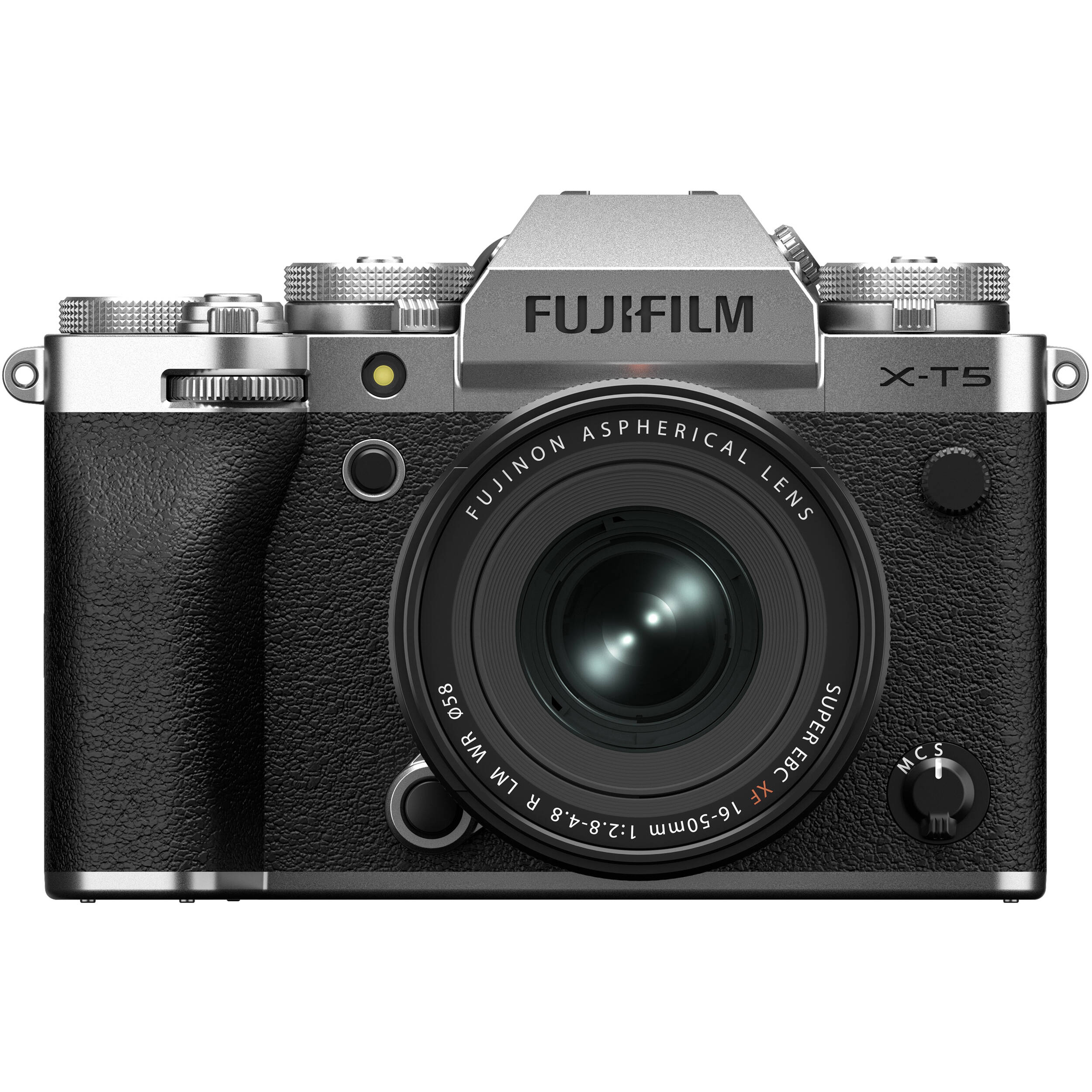 Fujifilm X-T5 silver mirrorless camera with XF 16-50mm f/2.8-4.8 R LM WR lens, 40.2MP APS-C X-Trans CMOS 5 HR sensor, 7-stop in-body image stabilization, 3.69m-dot OLED EVF, and advanced video with 4K 120p and 6.2K 30p recording